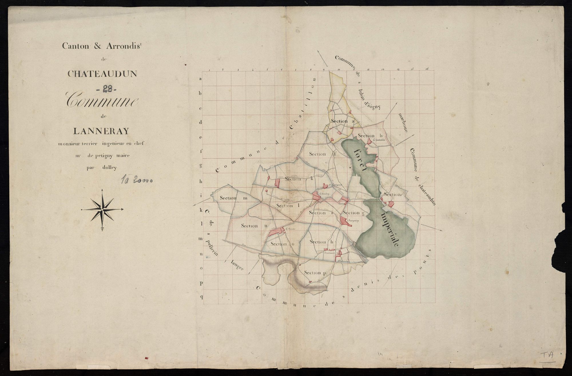 Tableau d'assemblage du plan cadastral parcellaire de la commune de Lanneray, Canton de Châteaudun, Arrondissement de Châteaudun / Terminé sur le terrain (...) par Monsieur Dolley, [Géomètre].