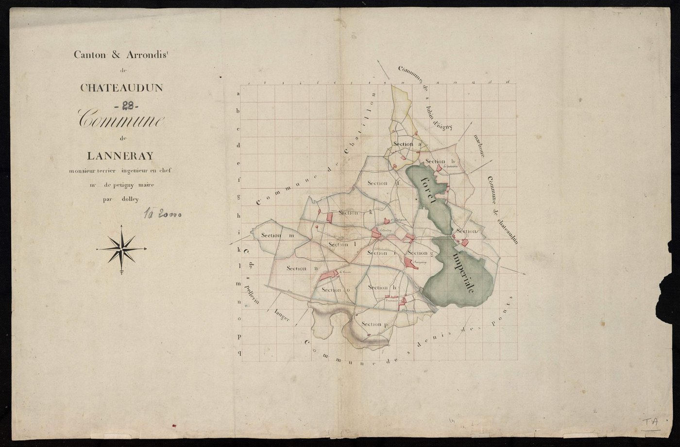 Tableau d'assemblage du plan cadastral parcellaire de la commune de Lanneray, Canton de Châteaudun, Arrondissement de Châteaudun / Terminé sur le terrain (...) par Monsieur Dolley, [Géomètre].