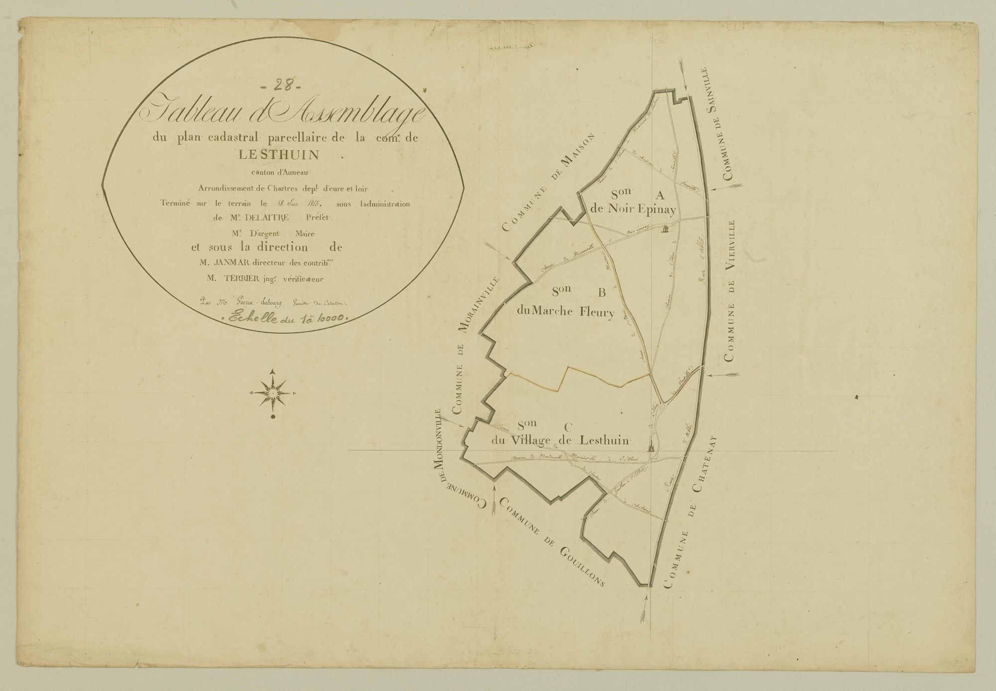Tableau d'assemblage du plan cadastral parcellaire de la commune de Lesthuin, Canton d'Auneau, Arrondissement de Chartres / Terminé sur le terrain en juin 1813 (...) par Monsieur Guérin-Dubourg, Géomètre du cadastre.