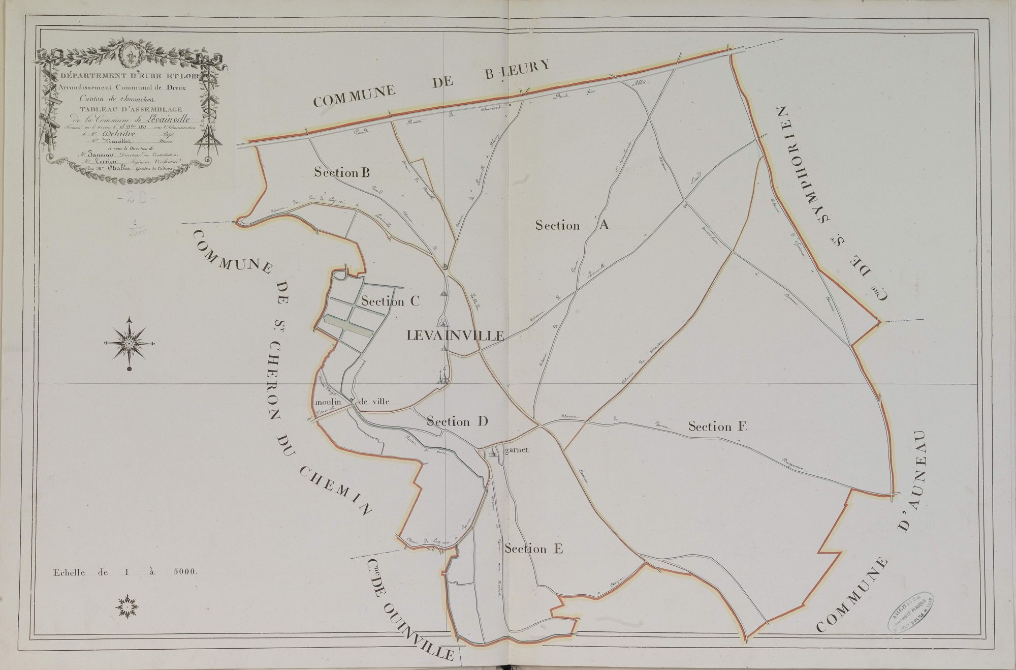 Tableau d'assemblage du plan parcellaire de la commune de Levainville, Canton d'Auneau, Arrondissement de Chartres / Terminé sur le terrain le 5 décembre 1811 (...) par Monsieur Chabin, Géomètre du cadastre.
