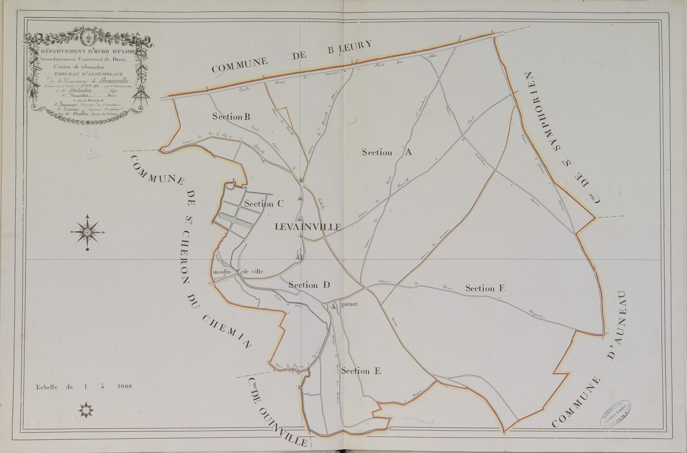Tableau d'assemblage du plan parcellaire de la commune de Levainville, Canton d'Auneau, Arrondissement de Chartres / Terminé sur le terrain le 5 décembre 1811 (...) par Monsieur Chabin, Géomètre du cadastre.