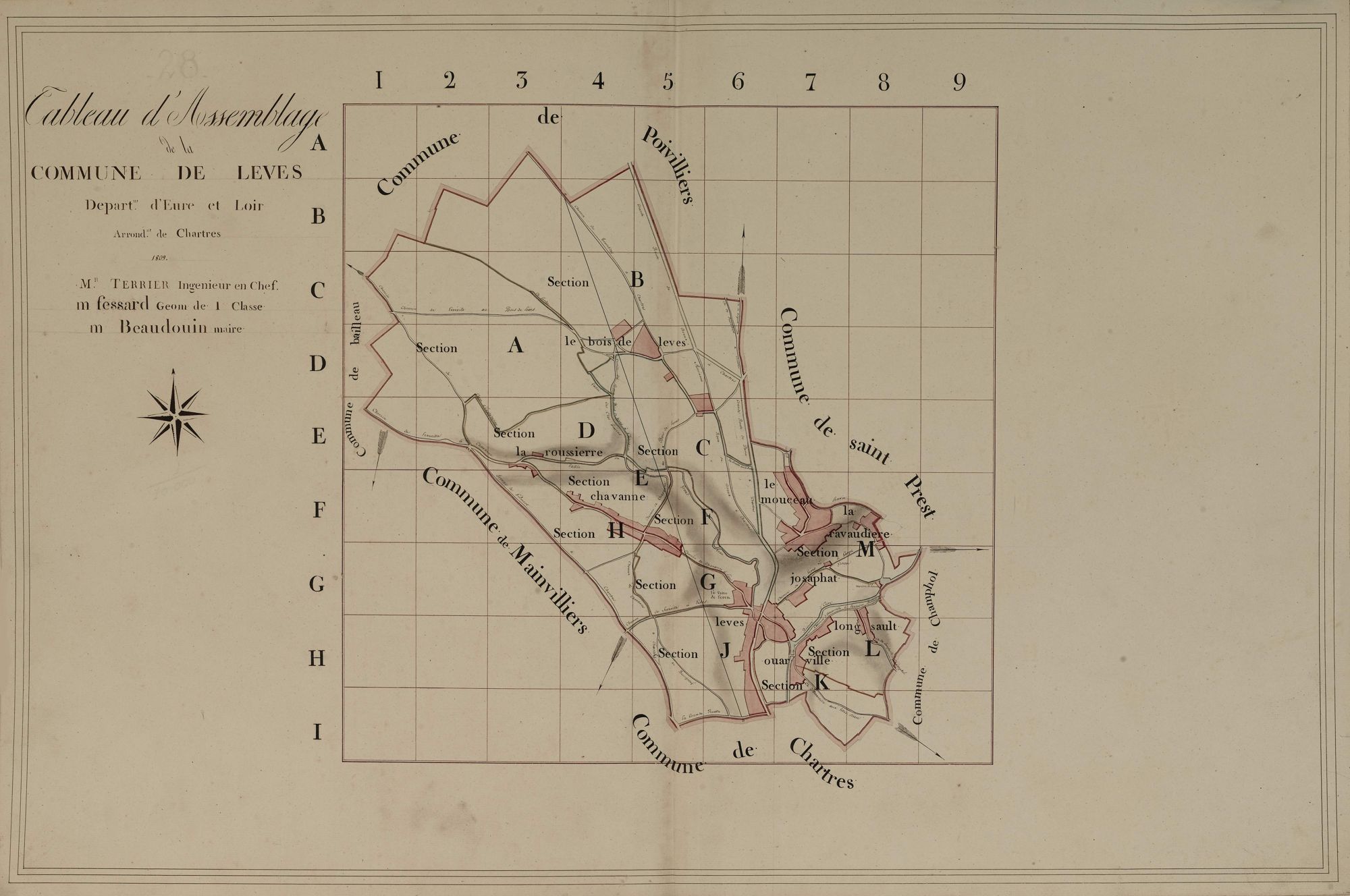Tableau d'assemblage du plan parcellaire de la commune de Lèves, Arrondissement de Chartres / Terminé sur le terrain en 1809 (...) par Monsieur Fessard, Géomètre de 1ère classe.