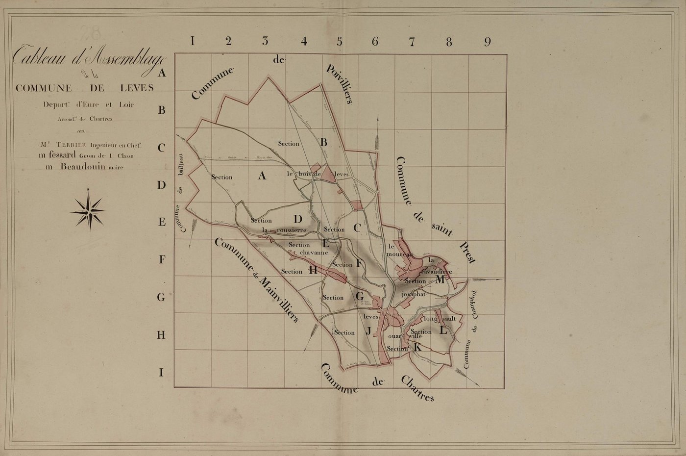 Tableau d'assemblage du plan parcellaire de la commune de Lèves, Arrondissement de Chartres / Terminé sur le terrain en 1809 (...) par Monsieur Fessard, Géomètre de 1ère classe.