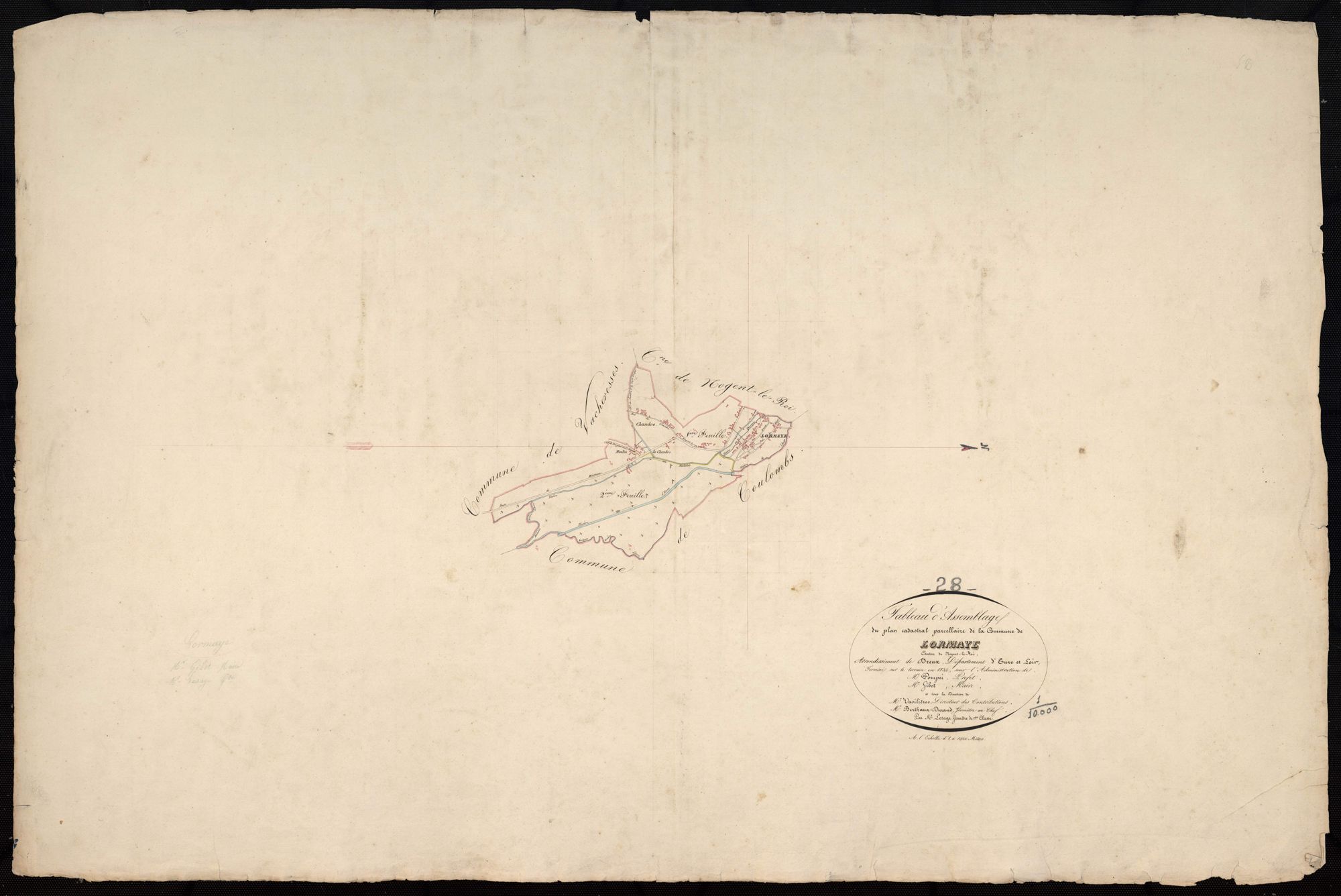 Tableau d'assemblage du plan cadastral parcellaire de la commune de Lormaye, Canton de Nogent-le-Roi, Arrondissement de Dreux / Terminé sur le terrain en 1834 (...) par Monsieur Lesage, Géomètre de 1ère classe.