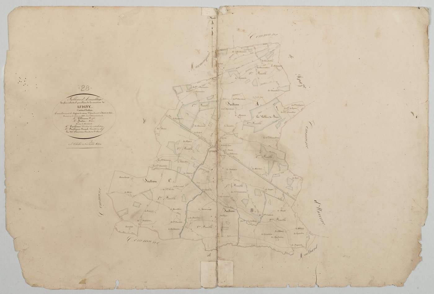 Tableau d'assemblage du plan cadastral parcellaire de la commune de Luigny, Canton d'Authon, Arrondissement de Nogent-le-Rotrou / Terminé sur le terrain en 1837 (...) par Monsieur Chauveau, Géomètre de 1ère classe.