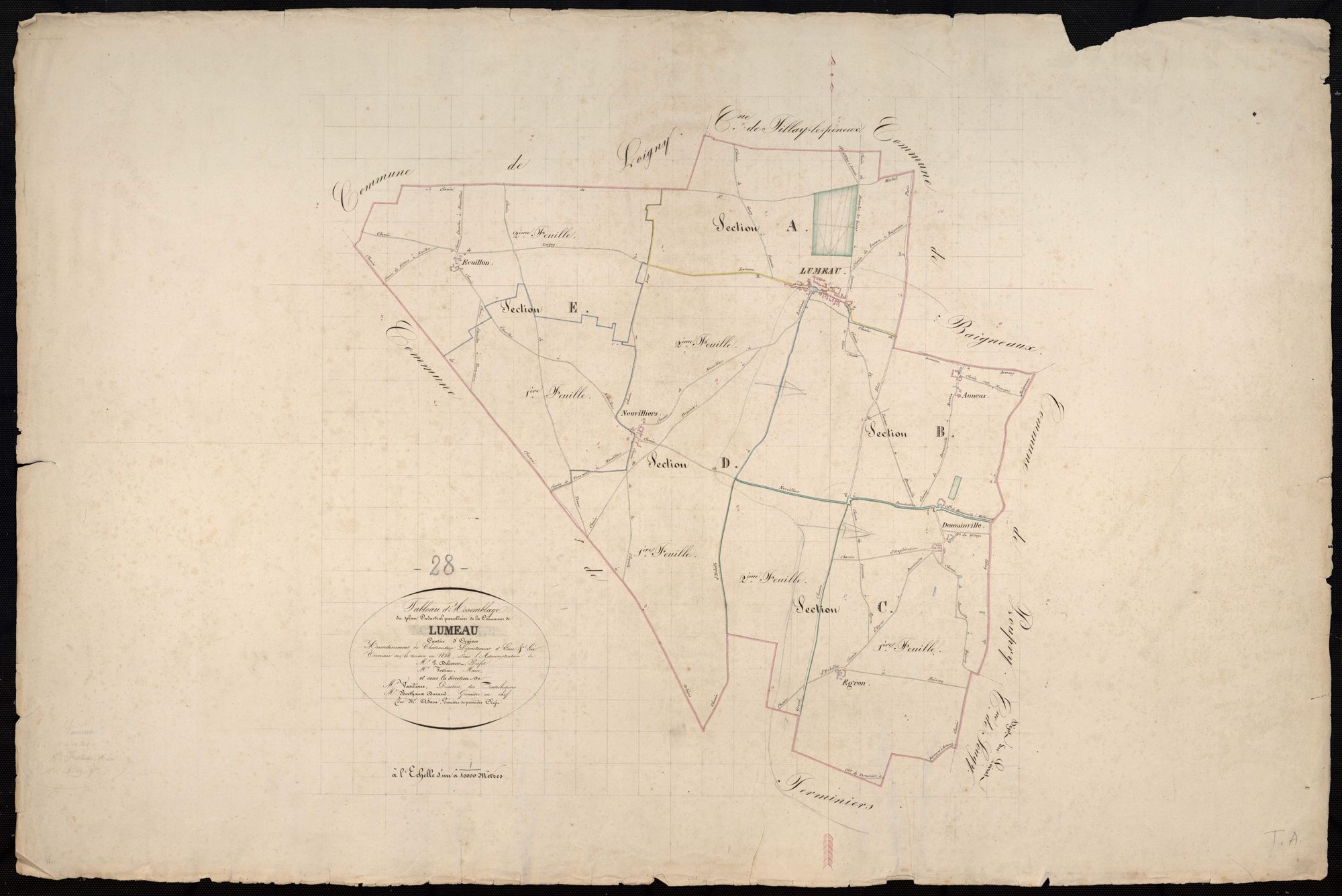 Tableau d'assemblage du plan cadastral parcellaire de la commune de Lumeau, Canton d'Orgères, Arrondissement de Châteaudun / Terminé sur le terrain en 1836 (...) par Monsieur Adam, Géomètre de 1ère classe.