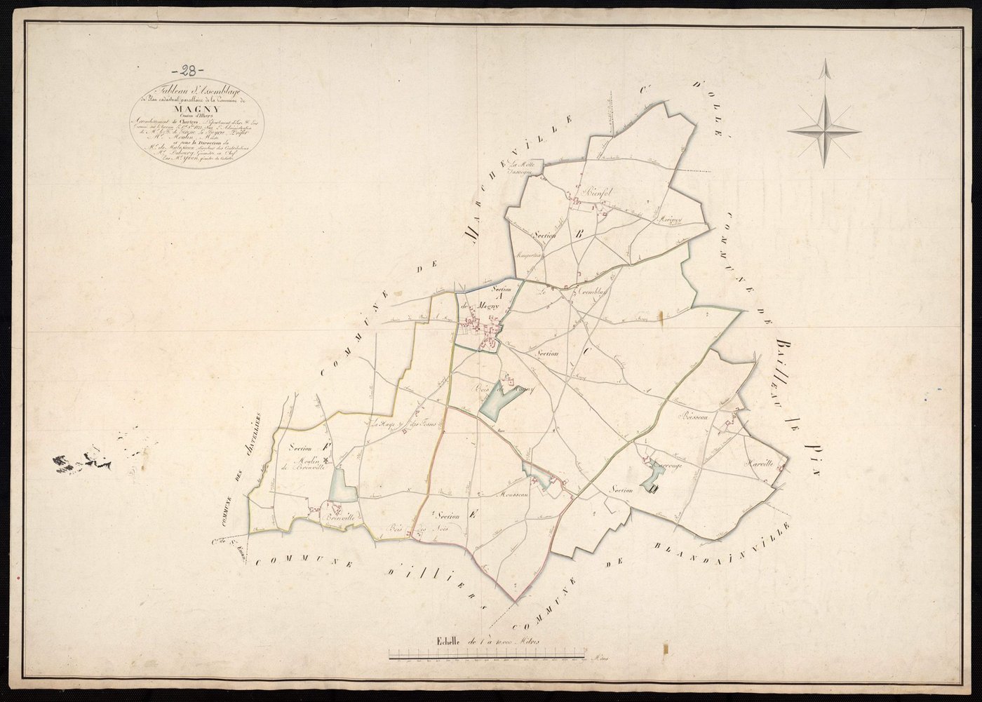 Tableau d'assemblage du plan cadastral parcellaire de la commune de Magny, Canton d'Illiers, Arrondissement de Chartres / Terminé sur le terrain en novembre 1823 (...) par Monsieur Yvon, Géomètre du cadastre.