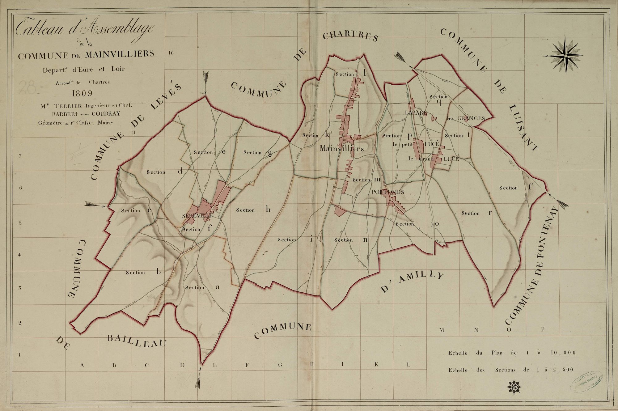 Tableau d'assemblage du plan parcellaire de la Commune de Mainvilliers, Canton de Chartres, Arrondissement de Chartres / Terminé sur le terrain en 1809 (...) par Monsieur Barberi, Géomètre de 1ère classe.