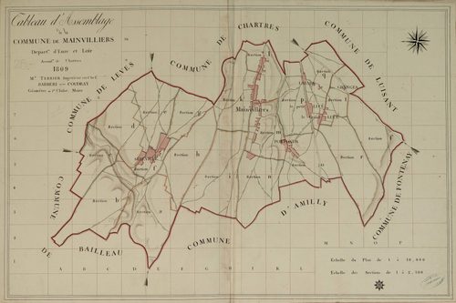 Tableau d'assemblage du plan parcellaire de la Commune de Mainvilliers, Canton de Chartres, Arrondissement de Chartres / Terminé sur le terrain en 1809 (...) par Monsieur Barberi, Géomètre de 1ère classe.