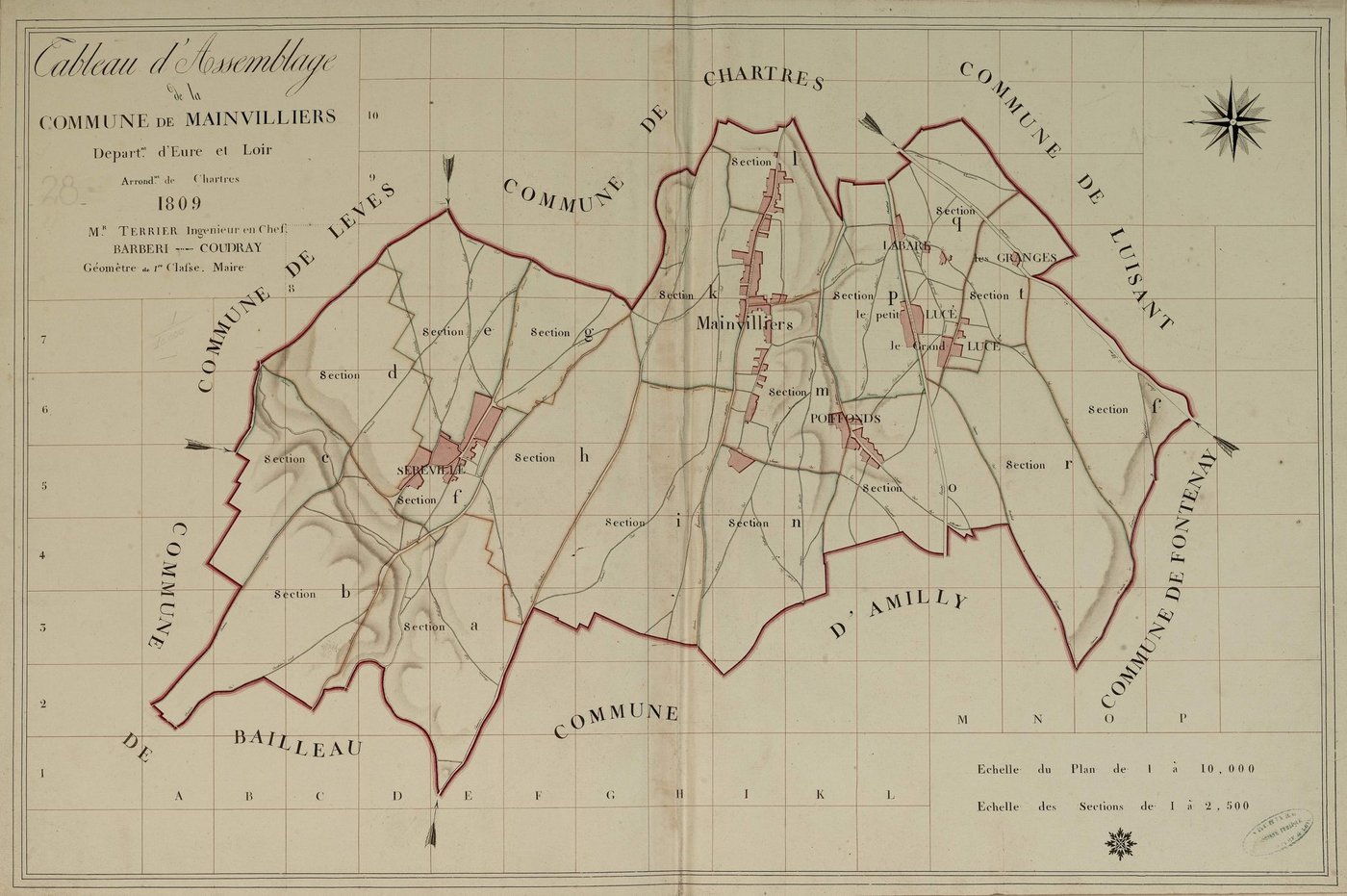 Tableau d'assemblage du plan parcellaire de la Commune de Mainvilliers, Canton de Chartres, Arrondissement de Chartres / Terminé sur le terrain en 1809 (...) par Monsieur Barberi, Géomètre de 1ère classe.