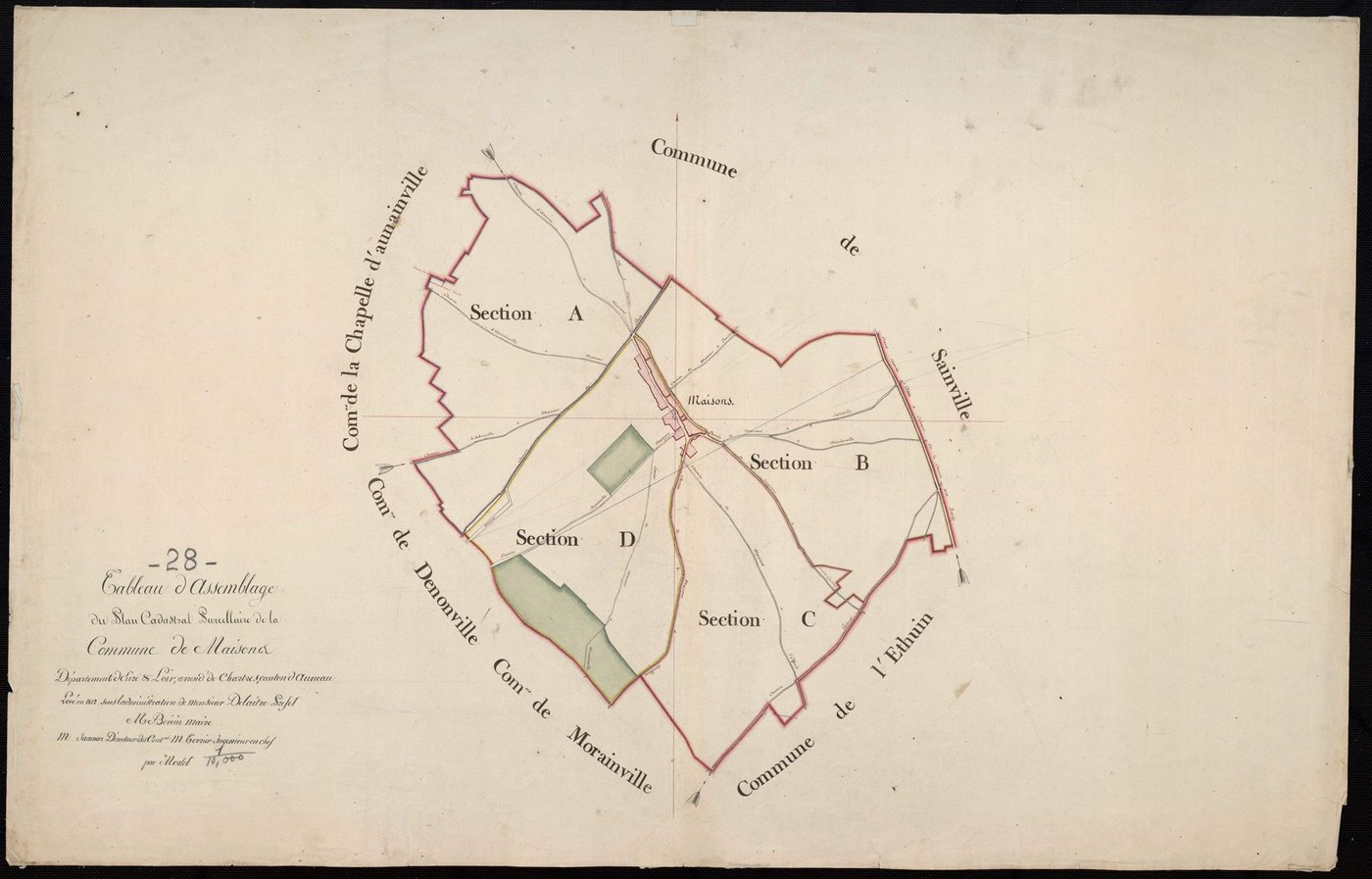 Tableau d'assemblage du plan cadastral parcellaire de la commune de Maisons, Canton d'Auneau, Arrondissement de Chartres / Terminé sur le terrain en 1812 (...) par Monsieur Morlet, Géomètre.