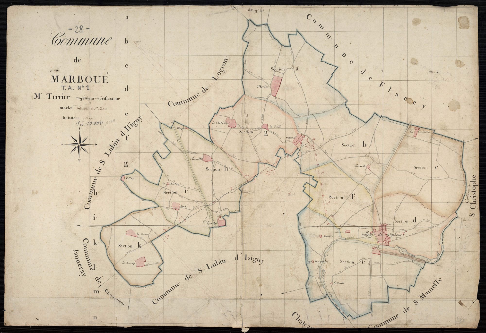 Tableau d'assemblage du plan cadastral parcellaire de la commune de Marboué, Canton de Châteaudun, Arrondissement de Châteaudun / Terminé sur le terrain (...) par Monsieur Morlet, Géomètre de 1ère classe.