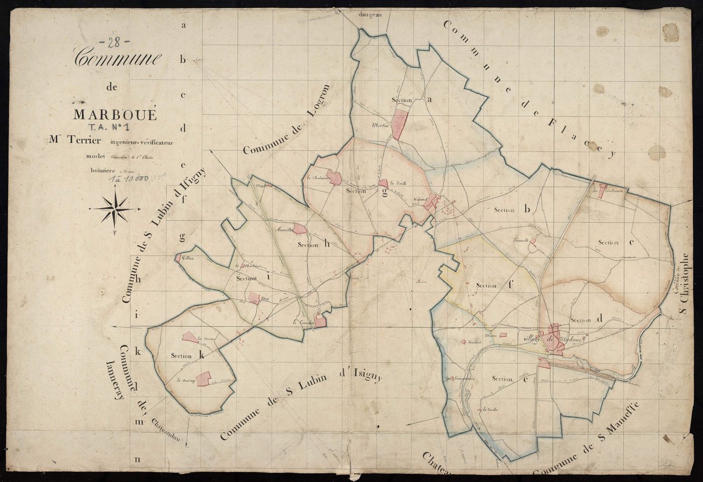 Tableau d'assemblage du plan cadastral parcellaire de la commune de Marboué, Canton de Châteaudun, Arrondissement de Châteaudun / Terminé sur le terrain (...) par Monsieur Morlet, Géomètre de 1ère classe.