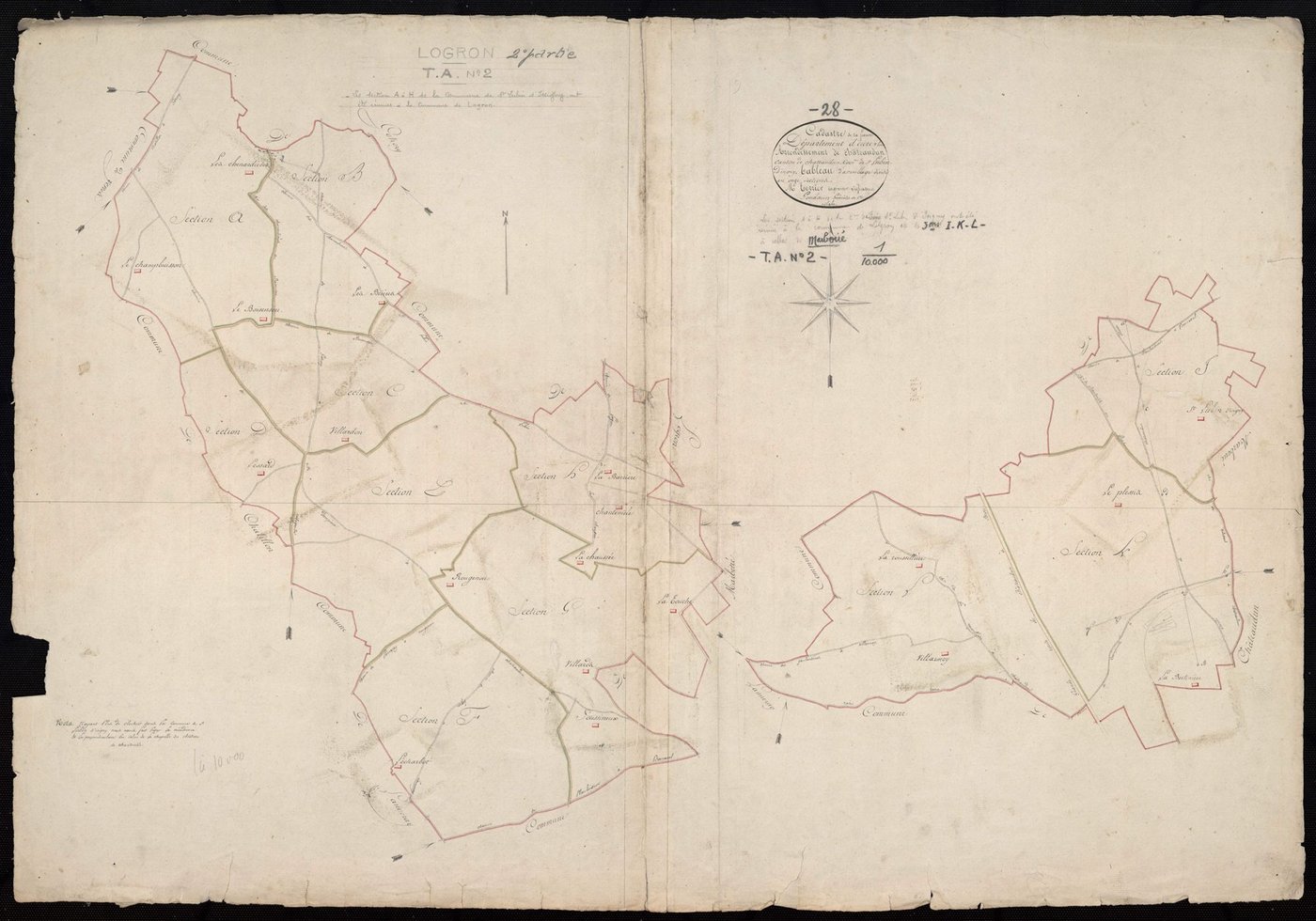 Tableau d'assemblage du plan cadastral parcellaire de la commune de Saint-Lubin-d'Isigny, Canton de Châteaudun, Arrondissement de Châteaudun / Terminé sur le terrain (...) par Monsieur Gondouin, Géomètre de 1ère classe.