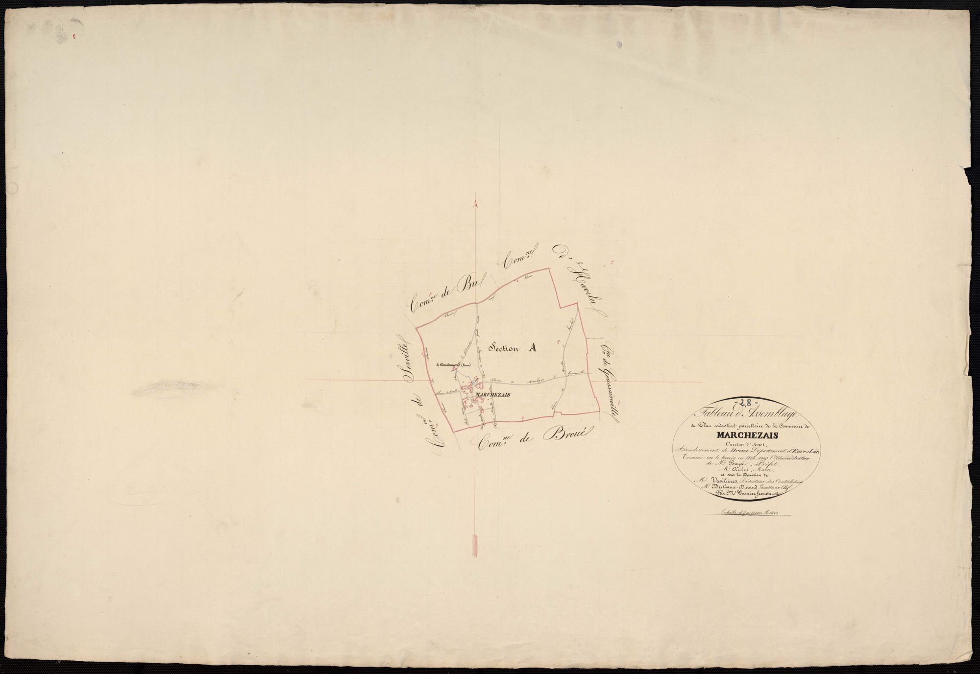 Tableau d'assemblage du plan cadastral parcellaire de la commune de Marchezais, Canton d'Anet, Arrondissement de Dreux / Terminé sur le terrain en 1834 (...) par Monsieur Tarnier, Géomètre de 1ère classe.
