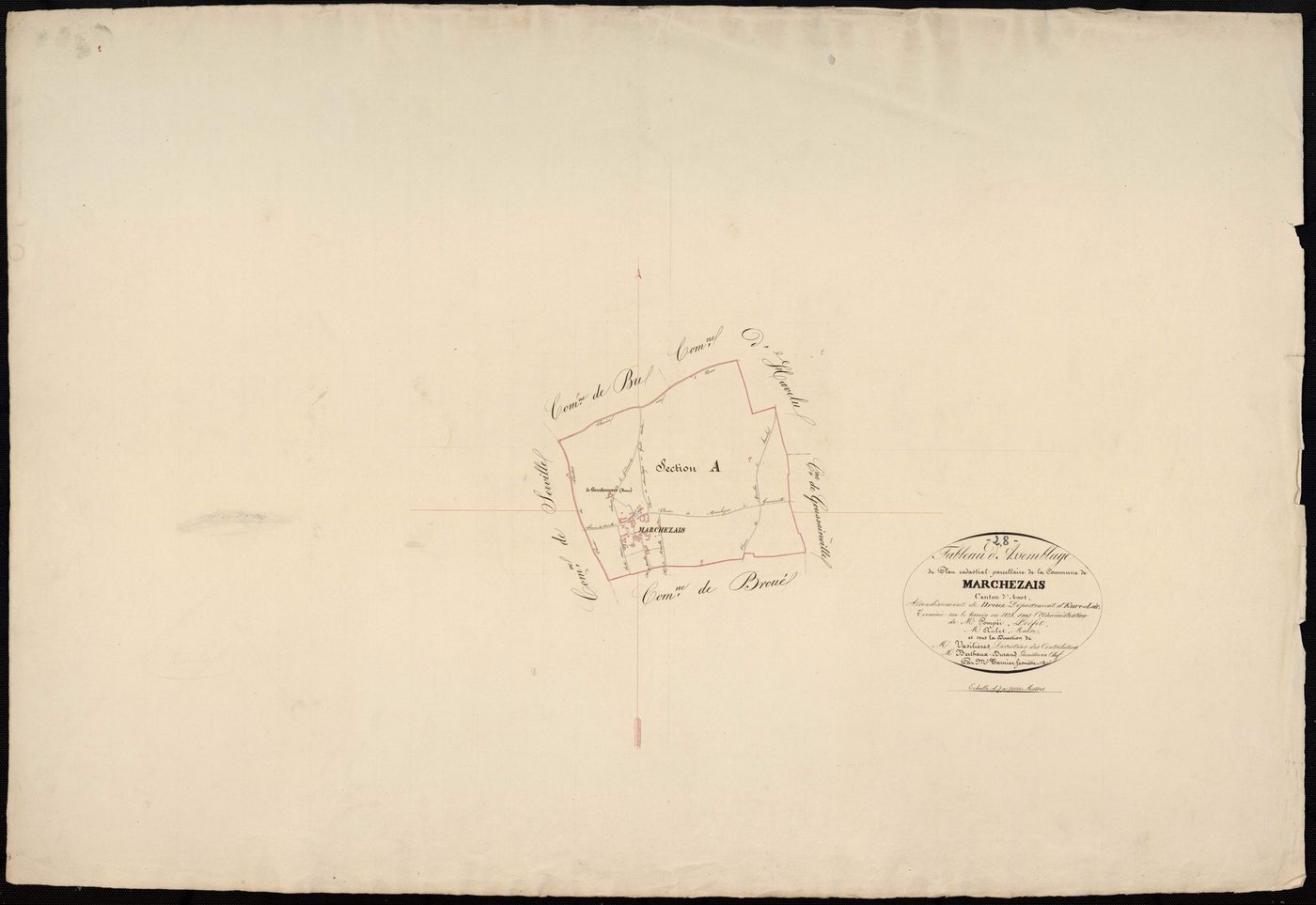 Tableau d'assemblage du plan cadastral parcellaire de la commune de Marchezais, Canton d'Anet, Arrondissement de Dreux / Terminé sur le terrain en 1834 (...) par Monsieur Tarnier, Géomètre de 1ère classe.