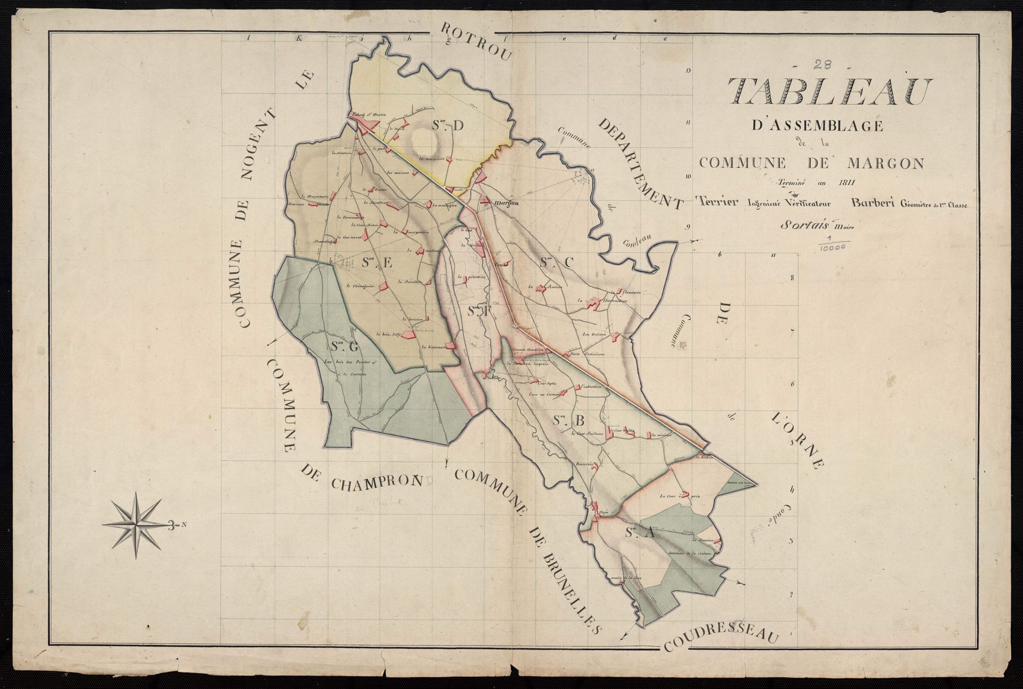 Tableau d'assemblage du plan cadastral parcellaire de la commune de Margon, Canton de Nogent-le-Rotrou, Arrondissement de Nogent-le-Rotrou / Terminé sur le terrain en 1811 (...) par Monsieur Barberi, Géomètre de 1ère classe.