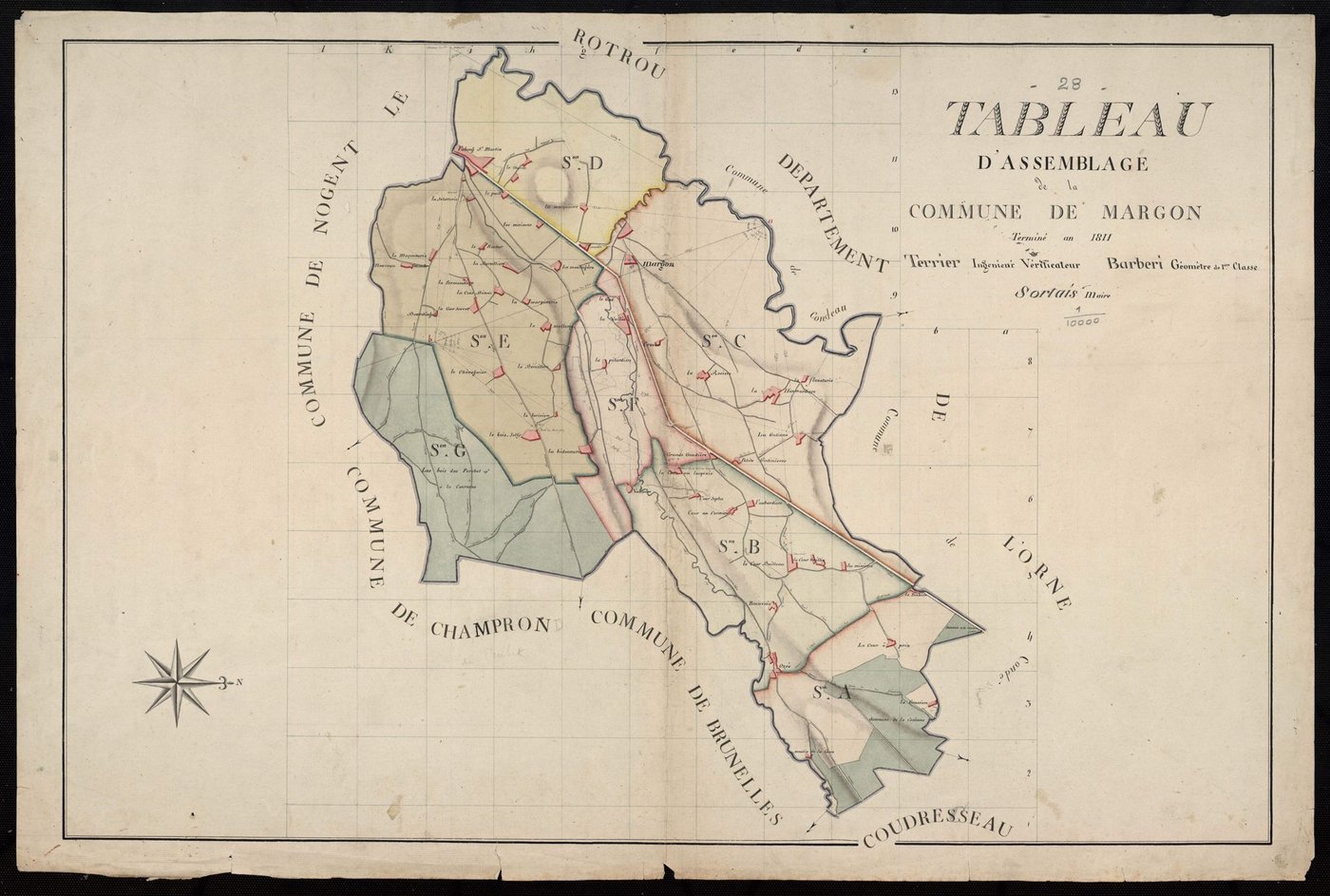 Tableau d'assemblage du plan cadastral parcellaire de la commune de Margon, Canton de Nogent-le-Rotrou, Arrondissement de Nogent-le-Rotrou / Terminé sur le terrain en 1811 (...) par Monsieur Barberi, Géomètre de 1ère classe.