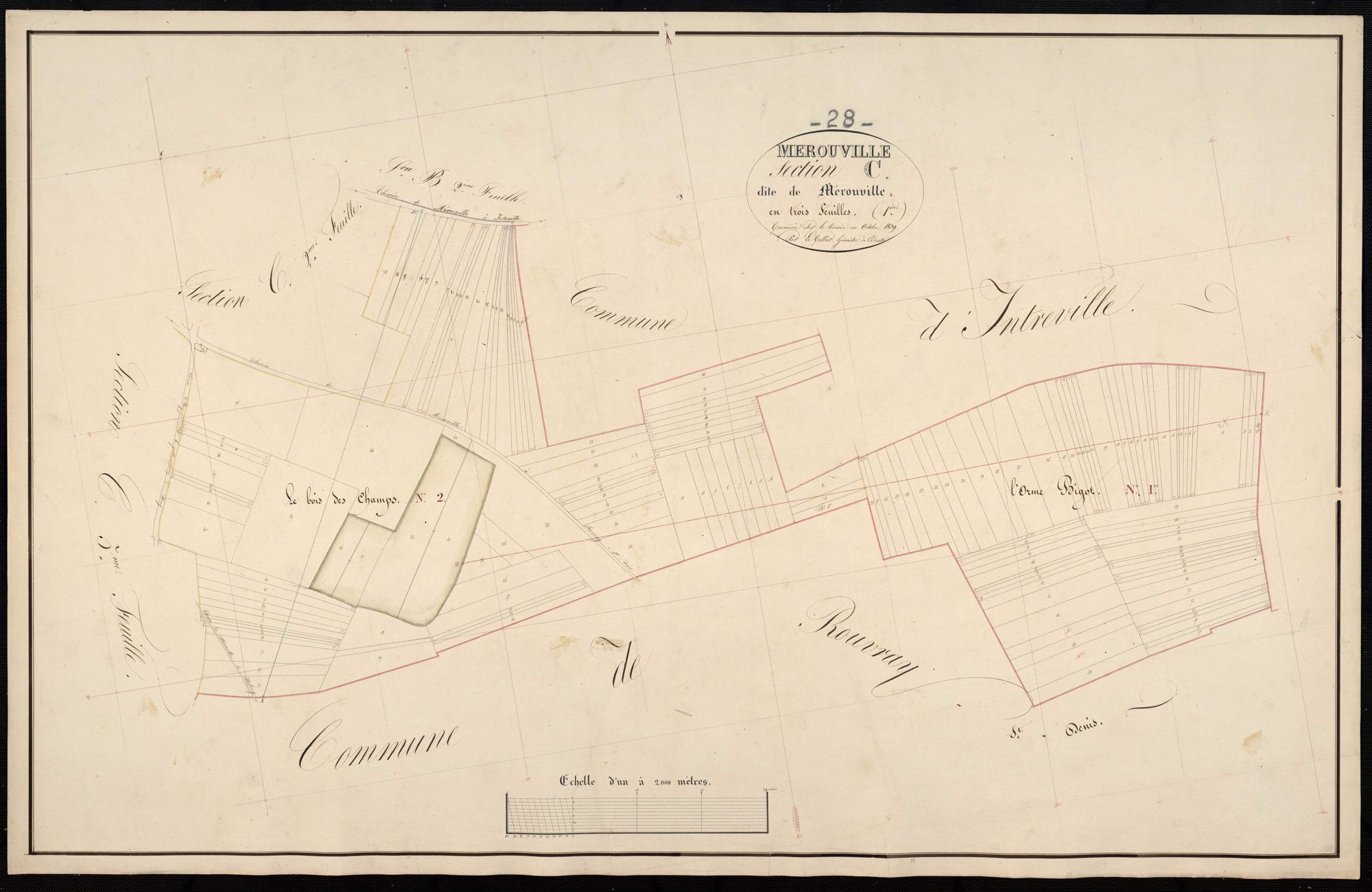 Section C, Mérouville, feuille 1 / Terminée sur le terrain par Monsieur Letellier, Géomètre du cadastre.