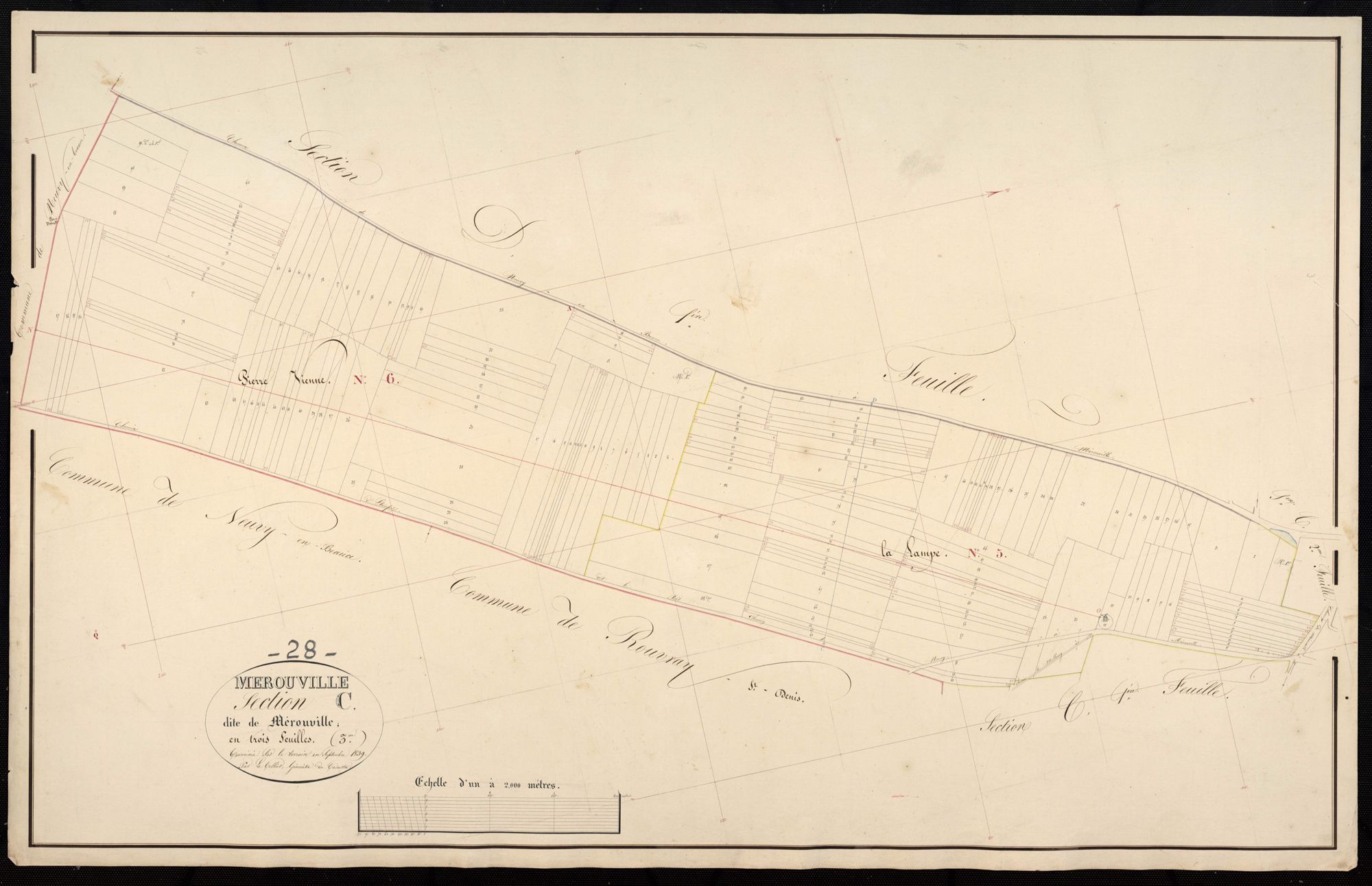 Section C, Mérouville, feuille 3 / Terminée sur le terrain par Monsieur Letellier, Géomètre du cadastre.