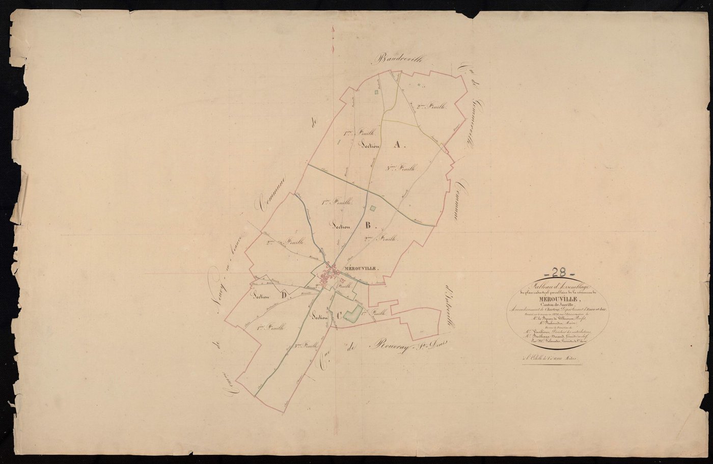 Tableau d'assemblage du plan cadastral parcellaire de la commune de Mérouville, Canton de Janville, Arrondissement de Chartres / Terminé sur le terrain en 1839 (...) par Monsieur Lelouatre, Géomètre de 1ère classe.