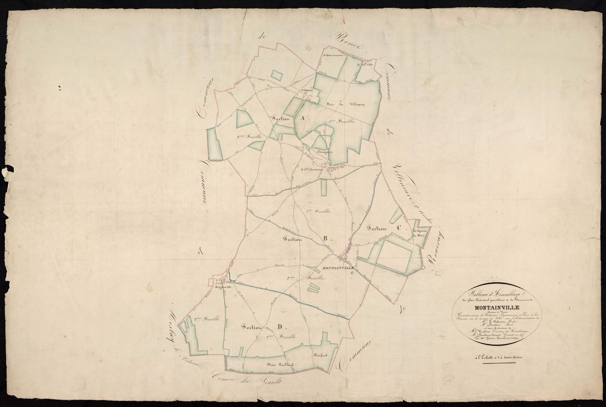 Tableau d'assemblage du plan cadastral parcellaire de la commune de Montainville, Canton de Voves, Arrondissement de Chartres / Terminé sur le terrain en 1835 (...) par Monsieur Godinet, Géomètre de 1ère classe.
