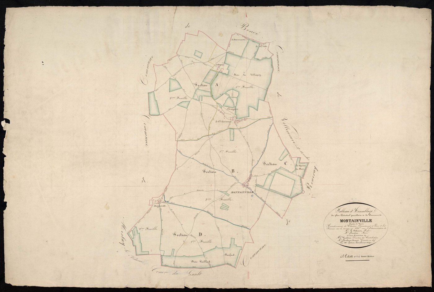 Tableau d'assemblage du plan cadastral parcellaire de la commune de Montainville, Canton de Voves, Arrondissement de Chartres / Terminé sur le terrain en 1835 (...) par Monsieur Godinet, Géomètre de 1ère classe.
