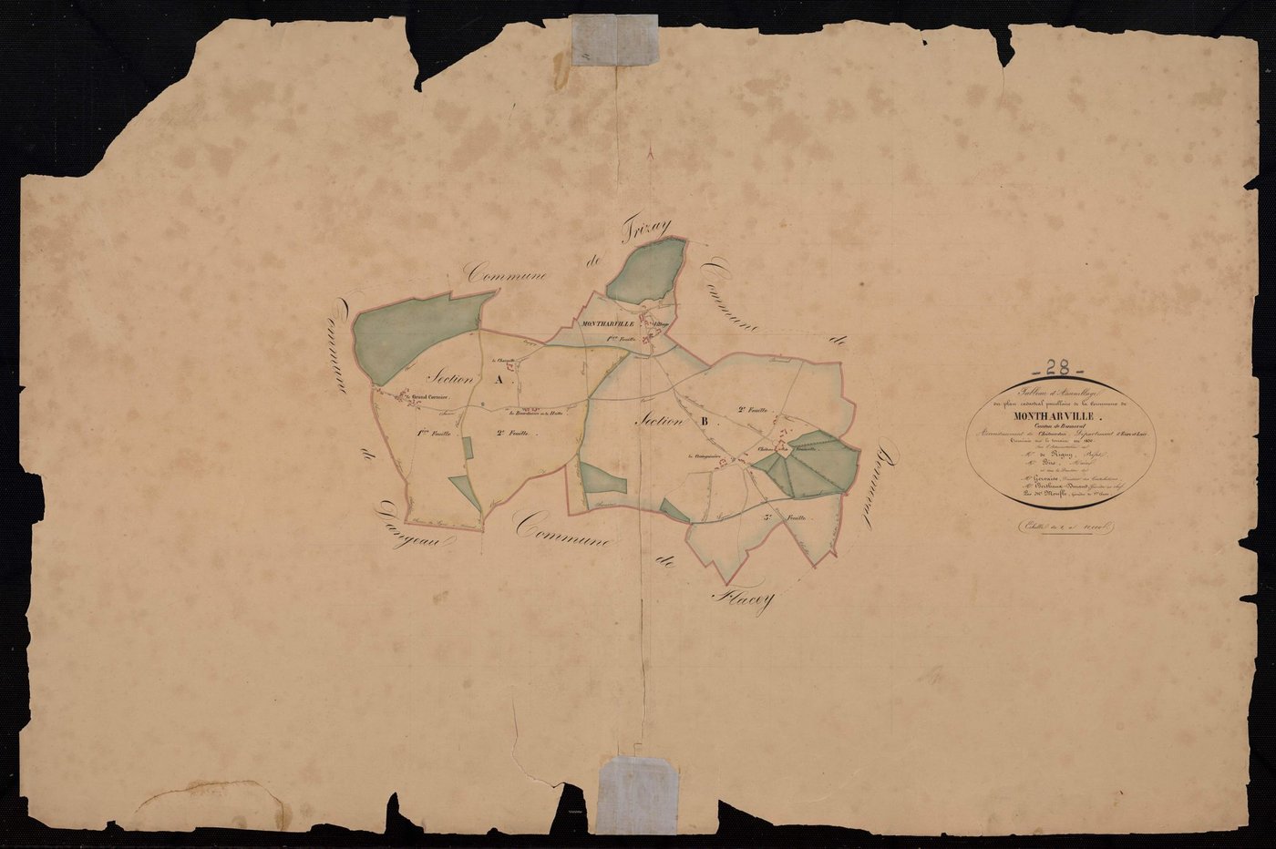 Tableau d'assemblage du plan cadastral parcellaire de la commune de Montharville, Canton de Bonneval, Arrondissement de Châteaudun / Terminé sur le terrain en 1830 (...) par Monsieur Moufle, Géomètre de 1ère classe.