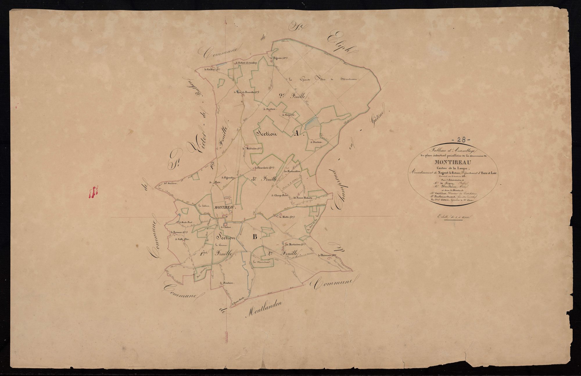 Tableau d'assemblage du plan cadastral parcellaire de la commune de Montireau, Canton de la Loupe, Arrondissement de Nogent-le-Rotrou / Terminé sur le terrain en 1833 (...) par Monsieur Adam, Géomètre de 1ère classe.
