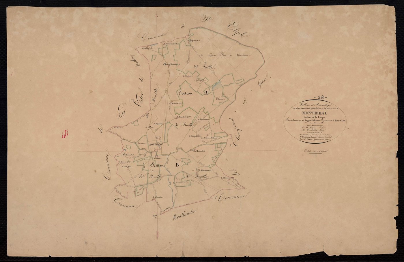 Tableau d'assemblage du plan cadastral parcellaire de la commune de Montireau, Canton de la Loupe, Arrondissement de Nogent-le-Rotrou / Terminé sur le terrain en 1833 (...) par Monsieur Adam, Géomètre de 1ère classe.