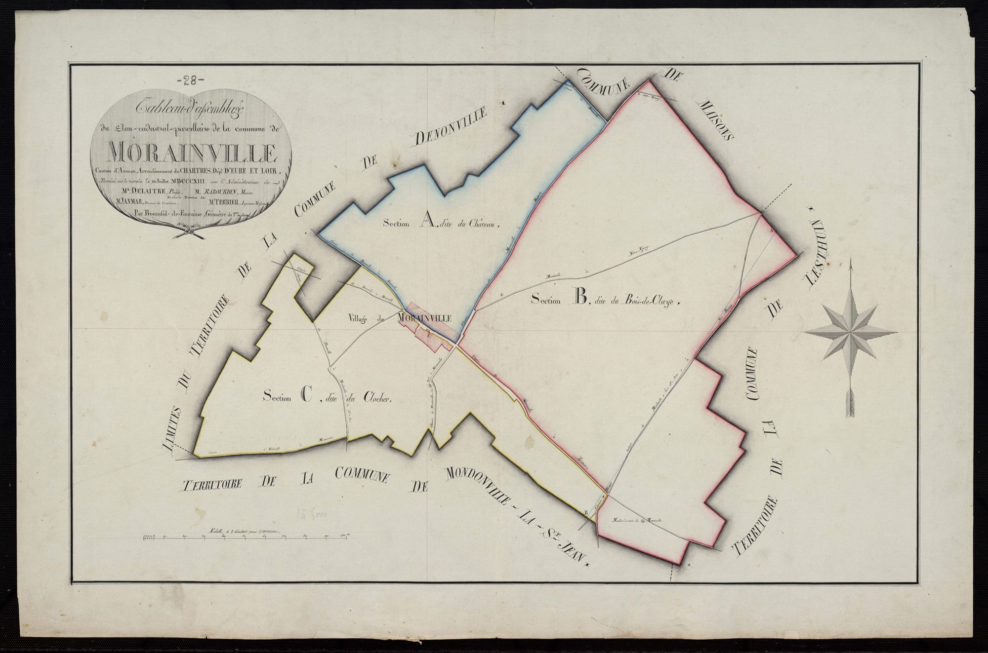 Tableau d'assemblage du plan cadastral parcellaire de la commune de Morainville, Canton d'Auneau, Arrondissement de Chartres / Terminé sur le terrain en juillet 1813 (...) par Monsieur Boutfol-de-Fontaine, Géomètre de 1ère classe.