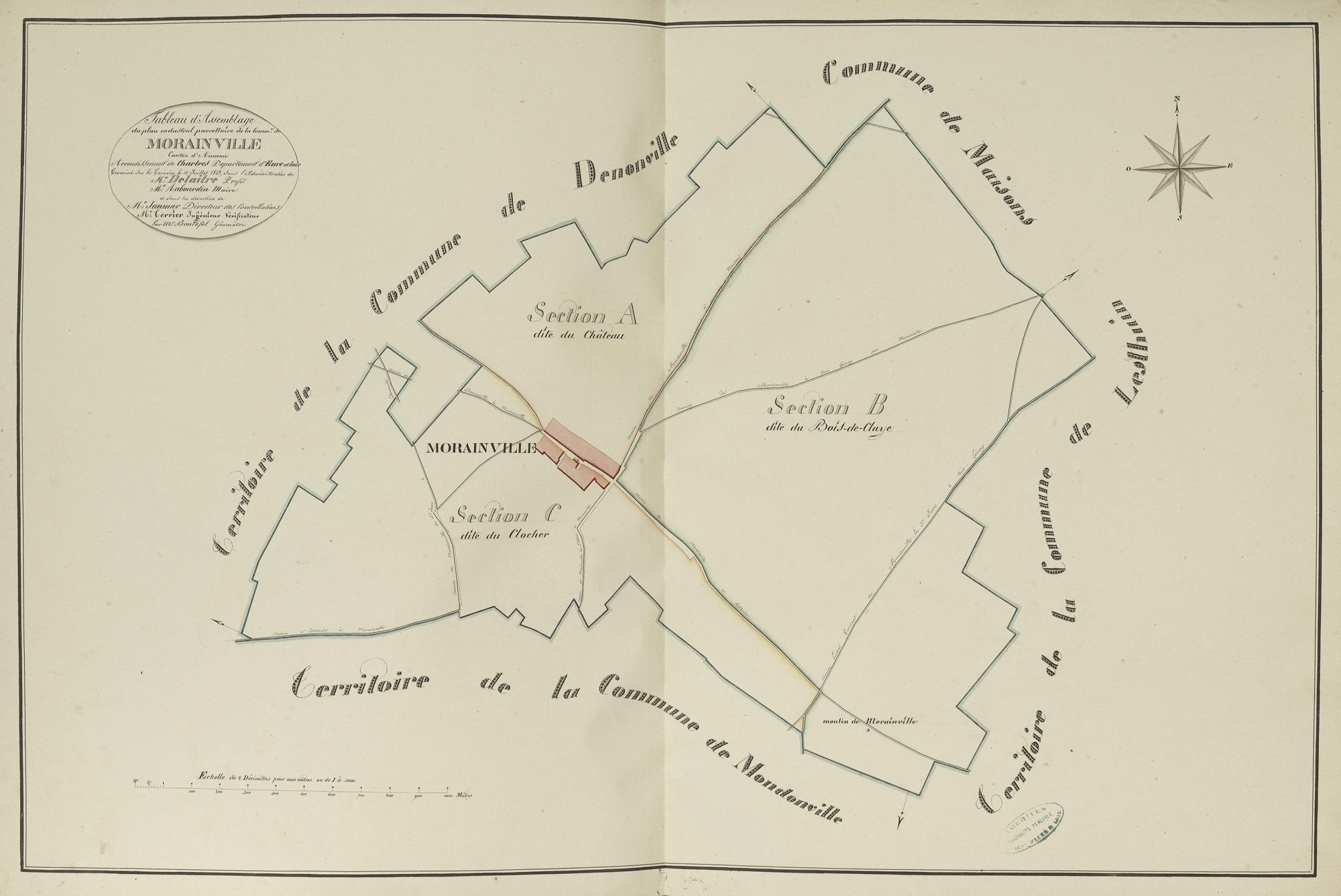Tableau d'assemblage du plan parcellaire de la commune de Morainville, Canton d'Auneau, Arrondissement de Chartres / Terminé sur le terrain le 10 juillet 1813 (...) par Monsieur Boutefol, Géomètre.