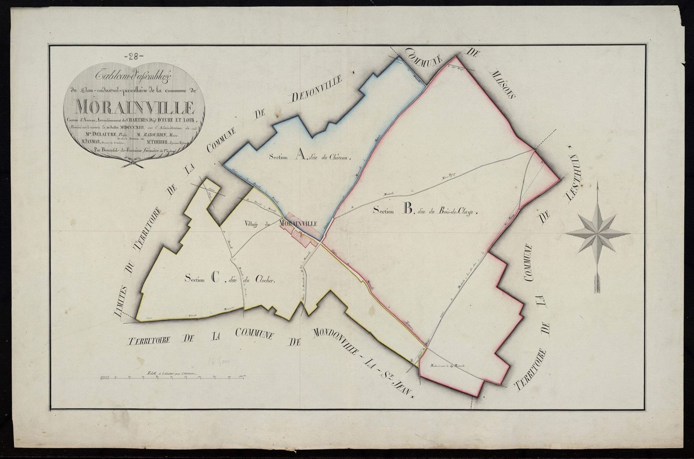 Tableau d'assemblage du plan cadastral parcellaire de la commune de Morainville, Canton d'Auneau, Arrondissement de Chartres / Terminé sur le terrain en juillet 1813 (...) par Monsieur Boutfol-de-Fontaine, Géomètre de 1ère classe.