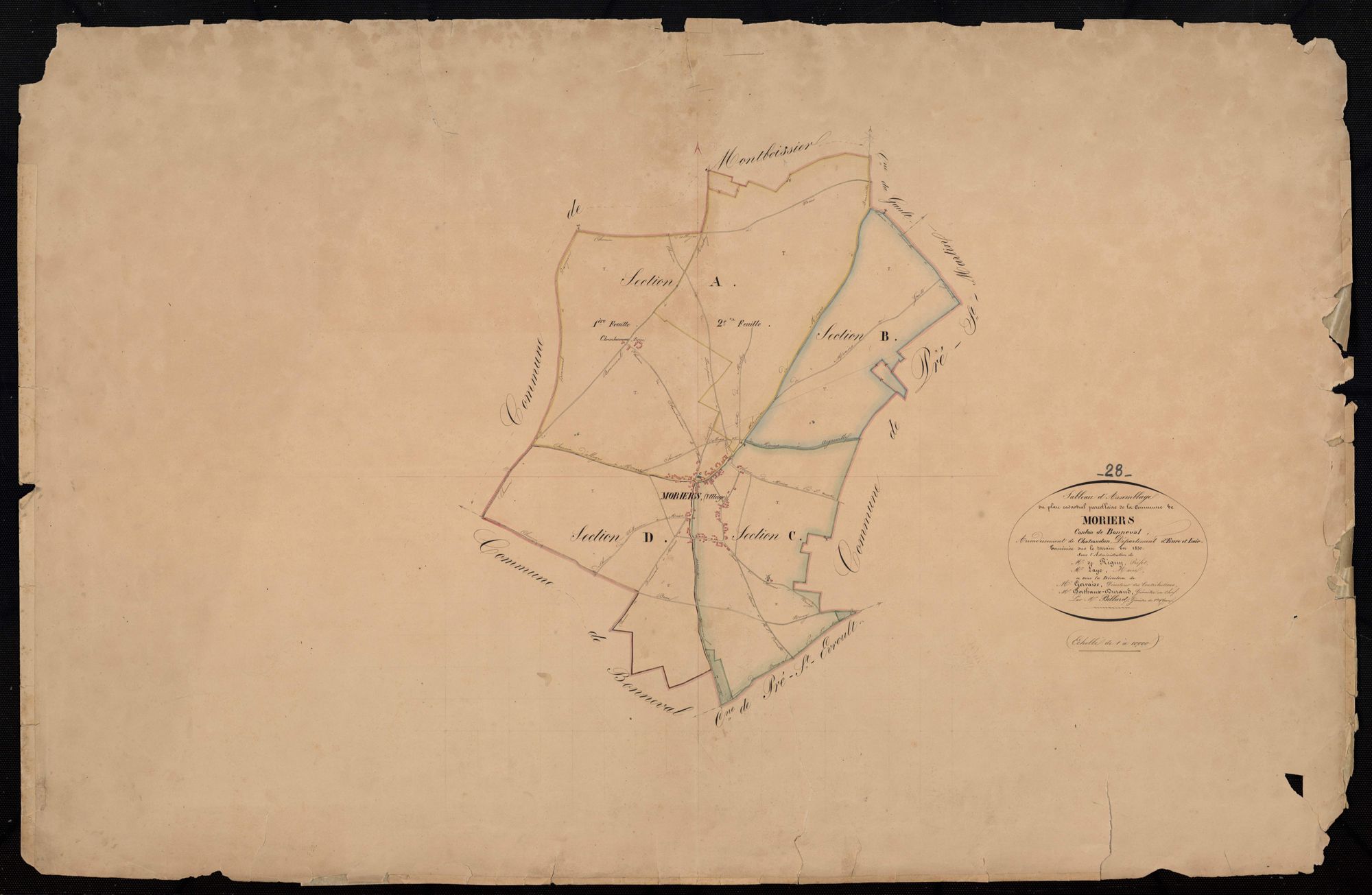 Tableau d'assemblage du plan cadastral parcellaire de la commune de Moriers, Canton de Bonneval, Arrondissement de Châteaudun / Terminé sur le terrain en 1830 (...) par Monsieur Billard, Géomètre de 1ère classe.