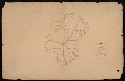 Tableau d'assemblage du plan cadastral parcellaire de la commune de Moriers, Canton de Bonneval, Arrondissement de Châteaudun / Terminé sur le terrain en 1830 (...) par Monsieur Billard, Géomètre de 1ère classe.