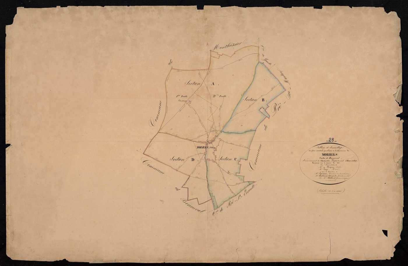 Tableau d'assemblage du plan cadastral parcellaire de la commune de Moriers, Canton de Bonneval, Arrondissement de Châteaudun / Terminé sur le terrain en 1830 (...) par Monsieur Billard, Géomètre de 1ère classe.