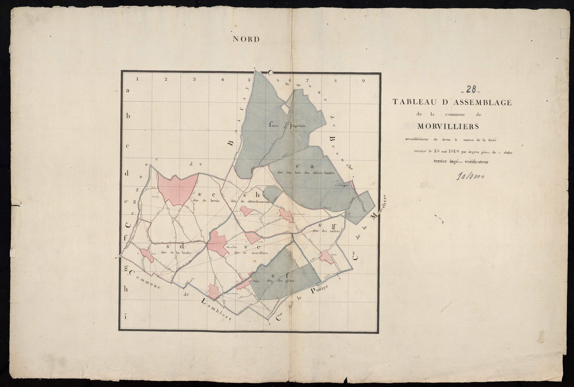 Tableau d'assemblage du plan cadastal parcellaire de la commune de Morvilliers, Canton de la Ferté[-Vidame], Arrondissement de Dreux / Terminé sur le terrain en mai 1810 (...) par Monsieur Degrez, Géomètre de 1ère classe.
