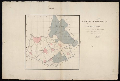 Tableau d'assemblage du plan cadastal parcellaire de la commune de Morvilliers, Canton de la Ferté[-Vidame], Arrondissement de Dreux / Terminé sur le terrain en mai 1810 (...) par Monsieur Degrez, Géomètre de 1ère classe.