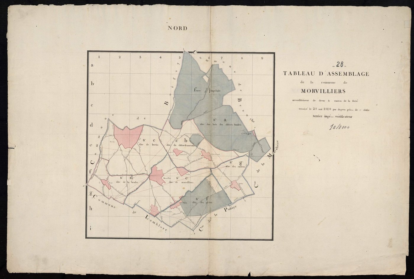 Tableau d'assemblage du plan cadastal parcellaire de la commune de Morvilliers, Canton de la Ferté[-Vidame], Arrondissement de Dreux / Terminé sur le terrain en mai 1810 (...) par Monsieur Degrez, Géomètre de 1ère classe.