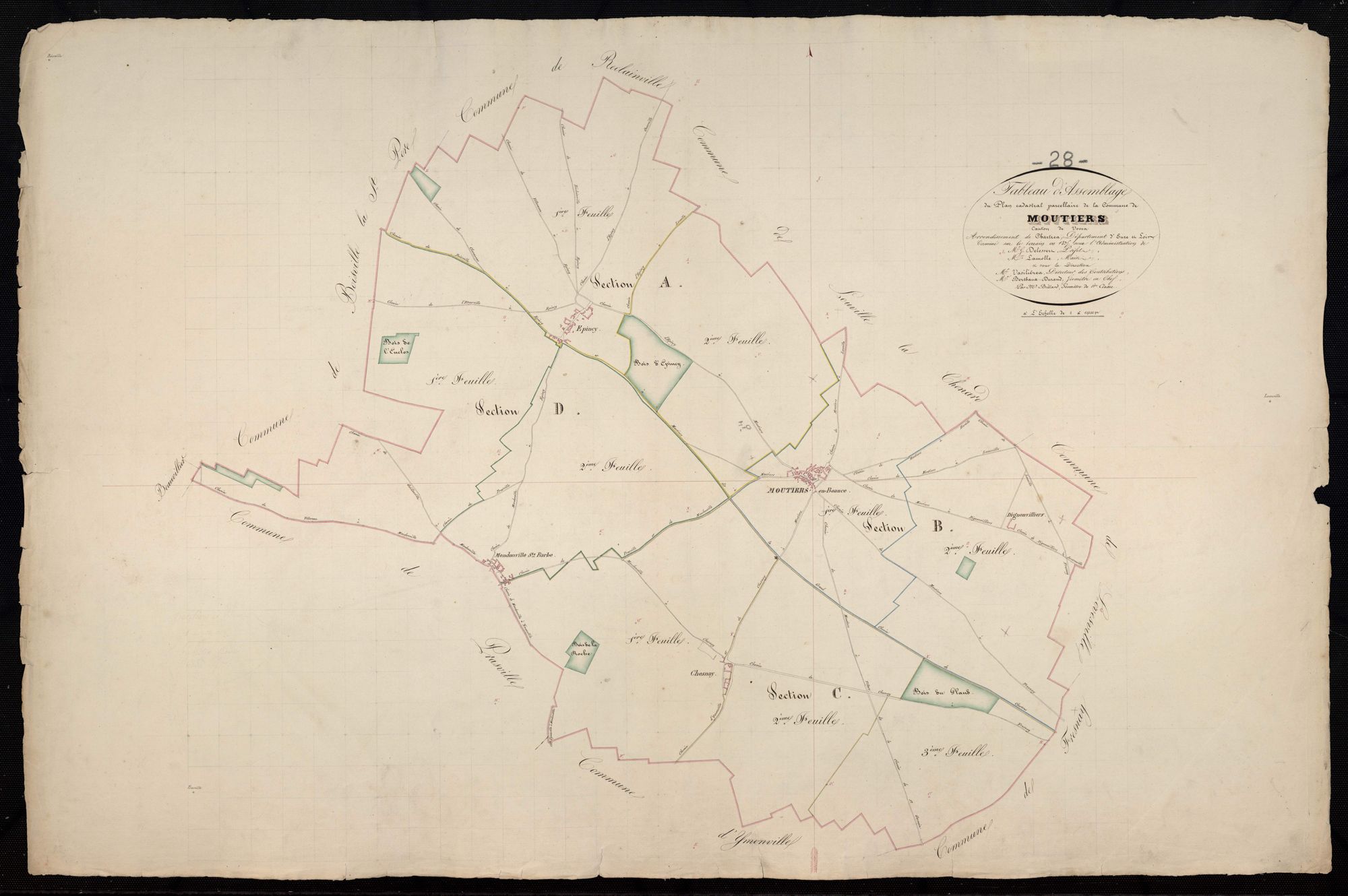 Tableau d'assemblage du plan cadastral parcellaire de la commune de Moutiers, Canton de Voves, Arrondissement de Chartres / Terminé sur le terrain en 1835 (...) par Monsieur Billard, Géomètre de 1ère classe.