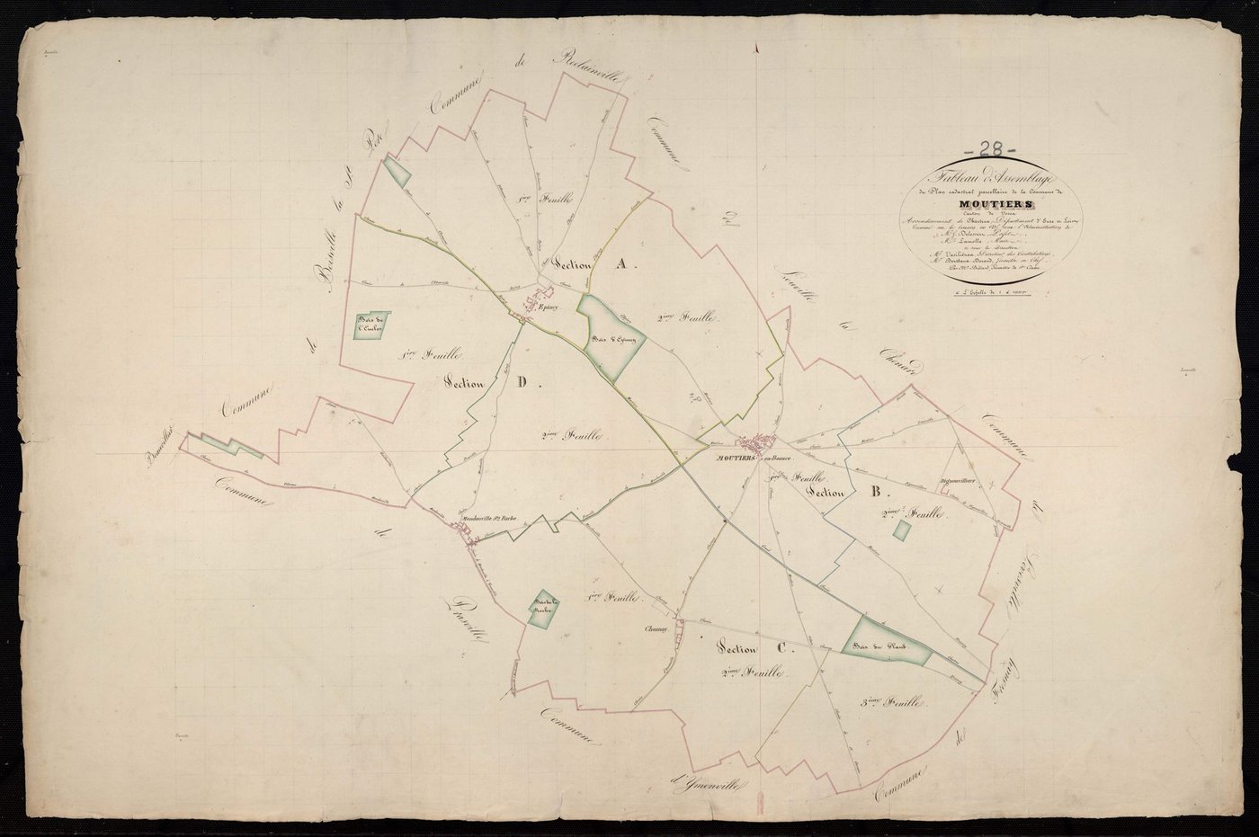 Tableau d'assemblage du plan cadastral parcellaire de la commune de Moutiers, Canton de Voves, Arrondissement de Chartres / Terminé sur le terrain en 1835 (...) par Monsieur Billard, Géomètre de 1ère classe.