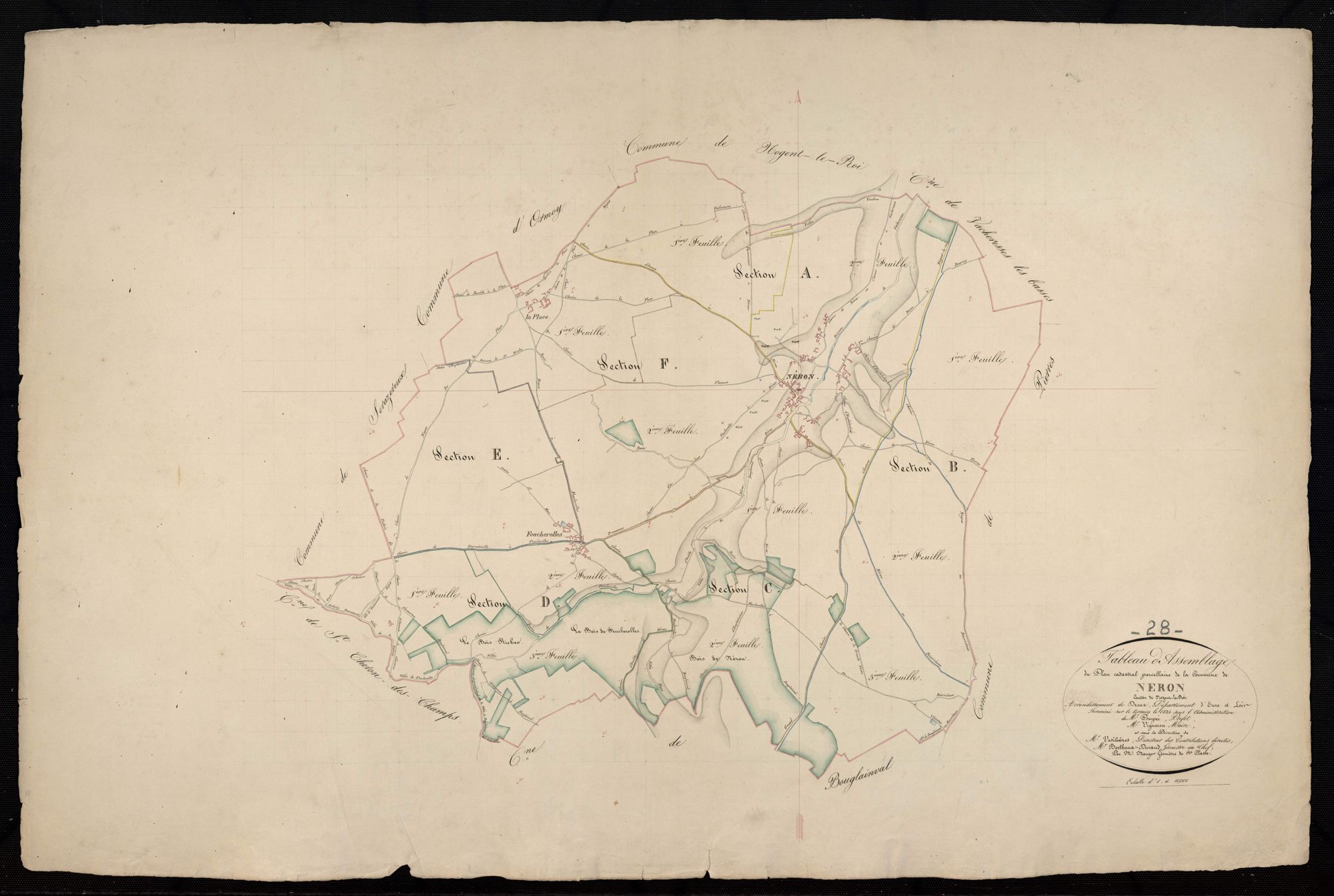 Tableau d'assemblage du plan cadastral parcellaire de la commune de Néron, Canton de Nogent-le-Roi, Arrondissement de Dreux / Terminé sur le terrain en 1834 (...) par Monsieur Mauger, Géomètre de 1ère classe.
