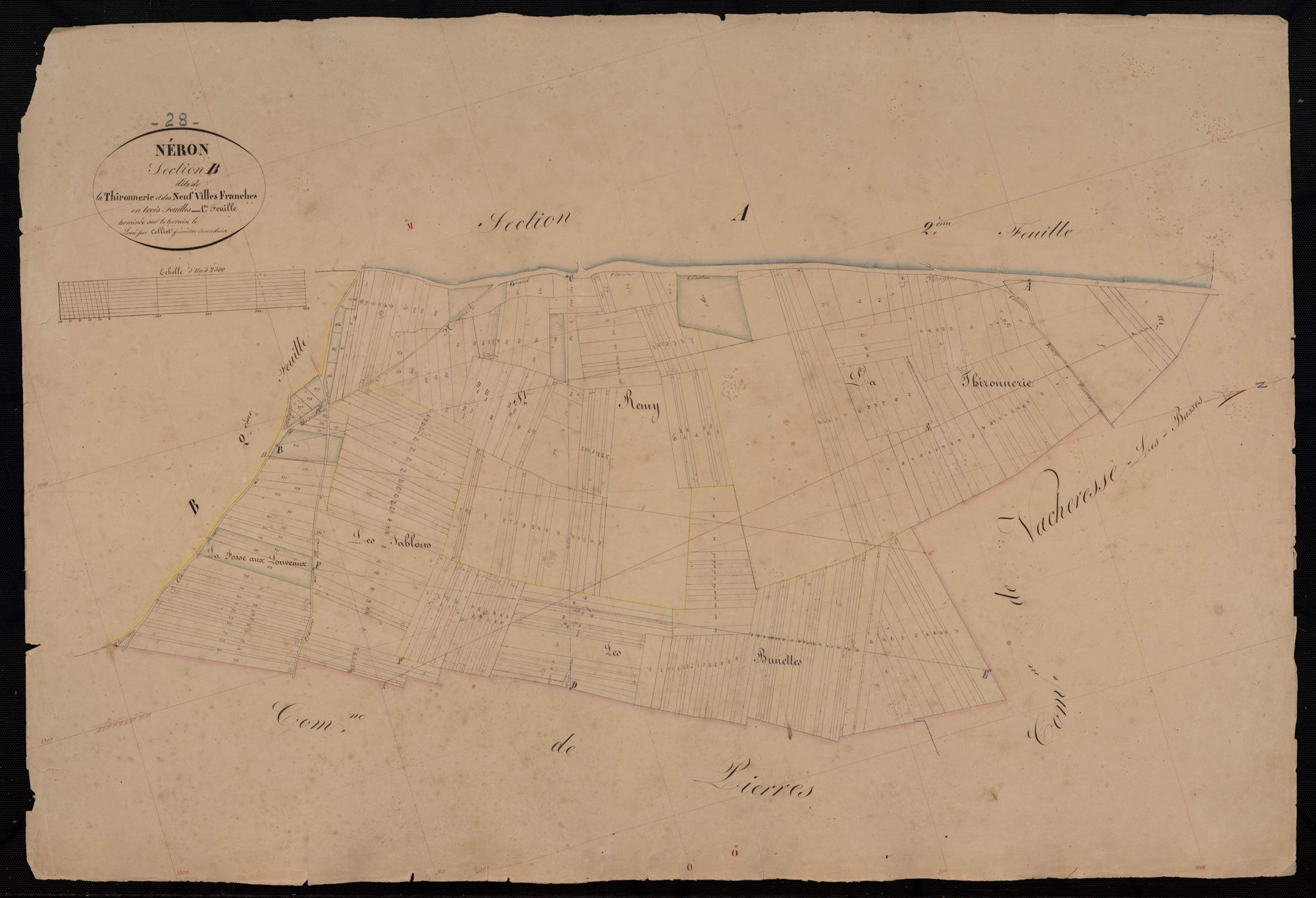 Section B, la Thironnerie et les Neuf Villes Franches, feuille 1 / Terminée sur le terrain par Monsieur Colliot, Géomètre secondaire.