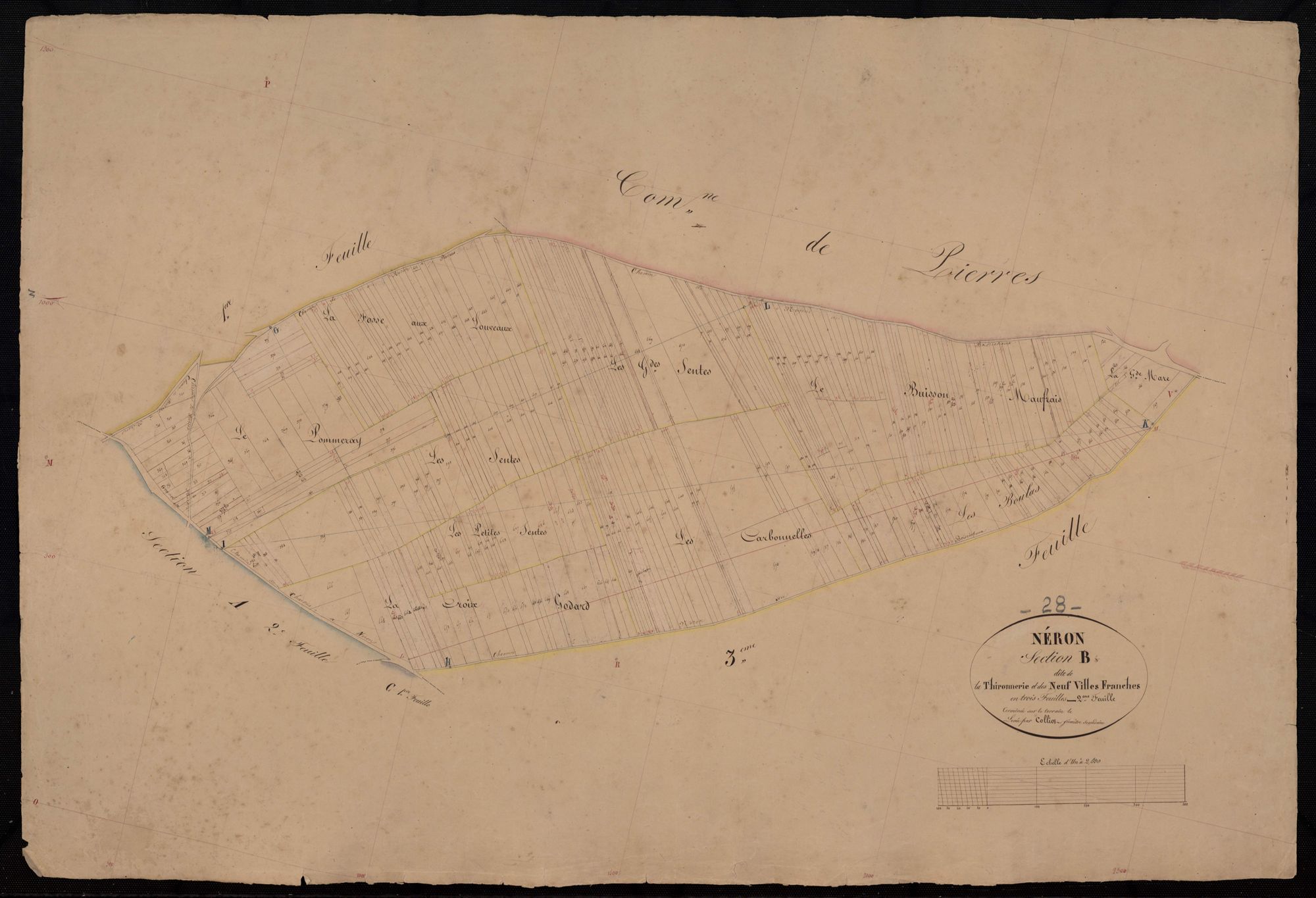 Section B, la Thironnerie et les Neuf Villes Franches, feuille 2 / Terminée sur le terrain par Monsieur Colliot, Géomètre secondaire.