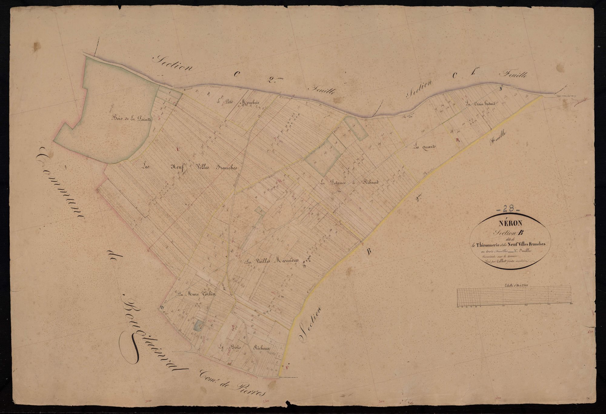 Section B, la Thironnerie et les Neuf Villes Franches, feuille 3 / Terminée sur le terrain par Monsieur Colliot, Géomètre secondaire.