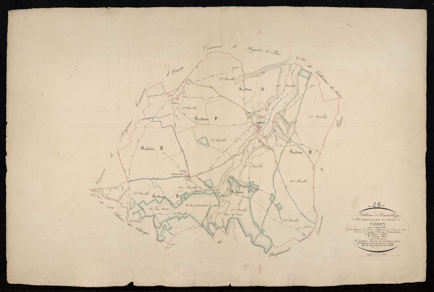 Tableau d'assemblage du plan cadastral parcellaire de la commune de Néron, Canton de Nogent-le-Roi, Arrondissement de Dreux / Terminé sur le terrain en 1834 (...) par Monsieur Mauger, Géomètre de 1ère classe.