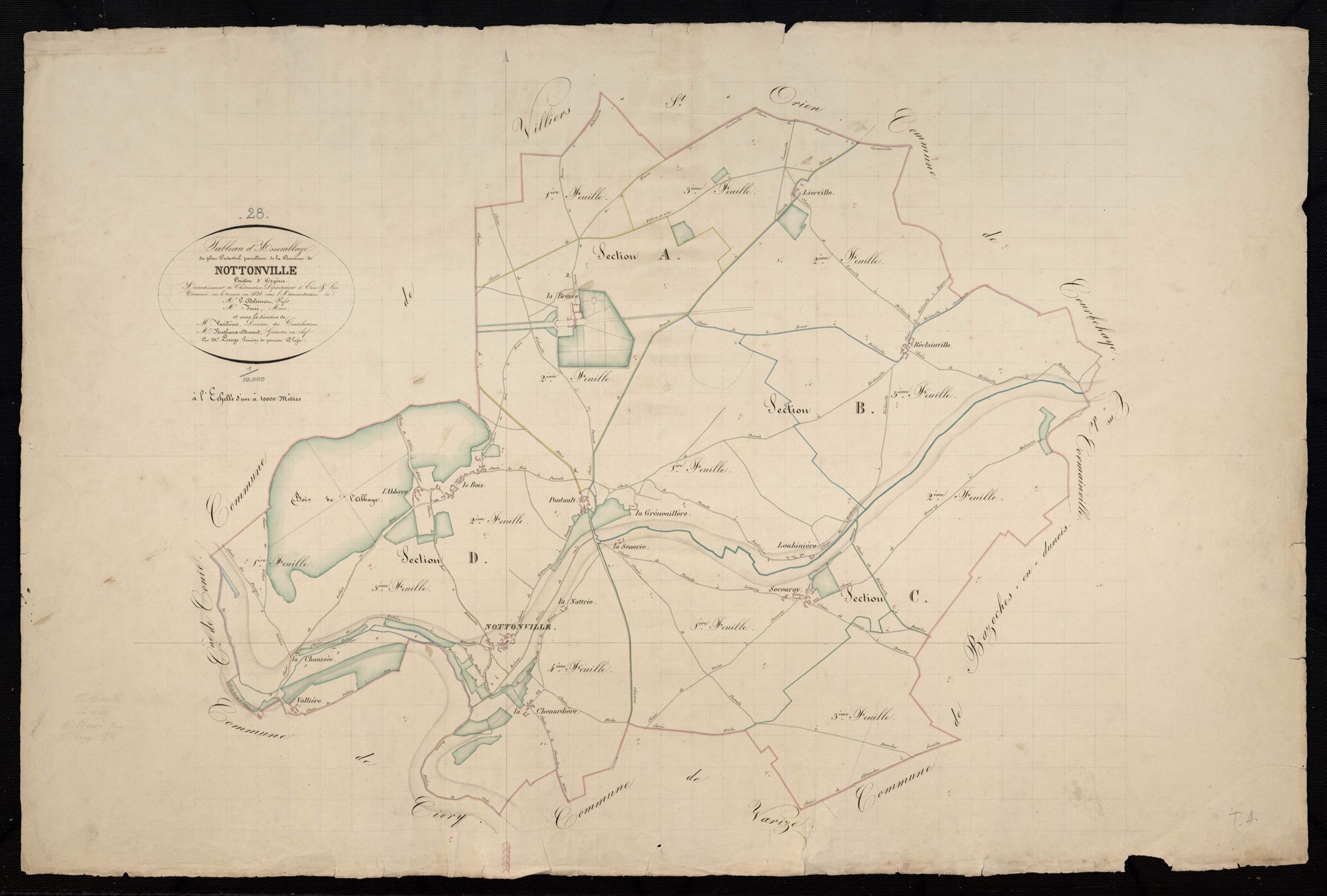Tableau d'assemblage du plan cadastral parcellaire de la commune de Nottonville, Canton d'Orgères, Arrondissement de Châteaudun / Terminé sur le terrain en 1836 (...) par Monsieur Lesage, Géomètre de 1ère classe.