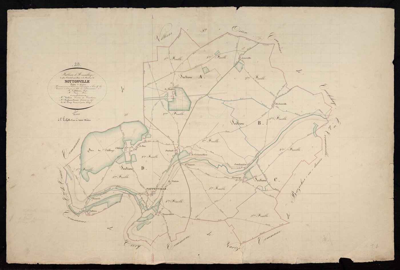 Tableau d'assemblage du plan cadastral parcellaire de la commune de Nottonville, Canton d'Orgères, Arrondissement de Châteaudun / Terminé sur le terrain en 1836 (...) par Monsieur Lesage, Géomètre de 1ère classe.