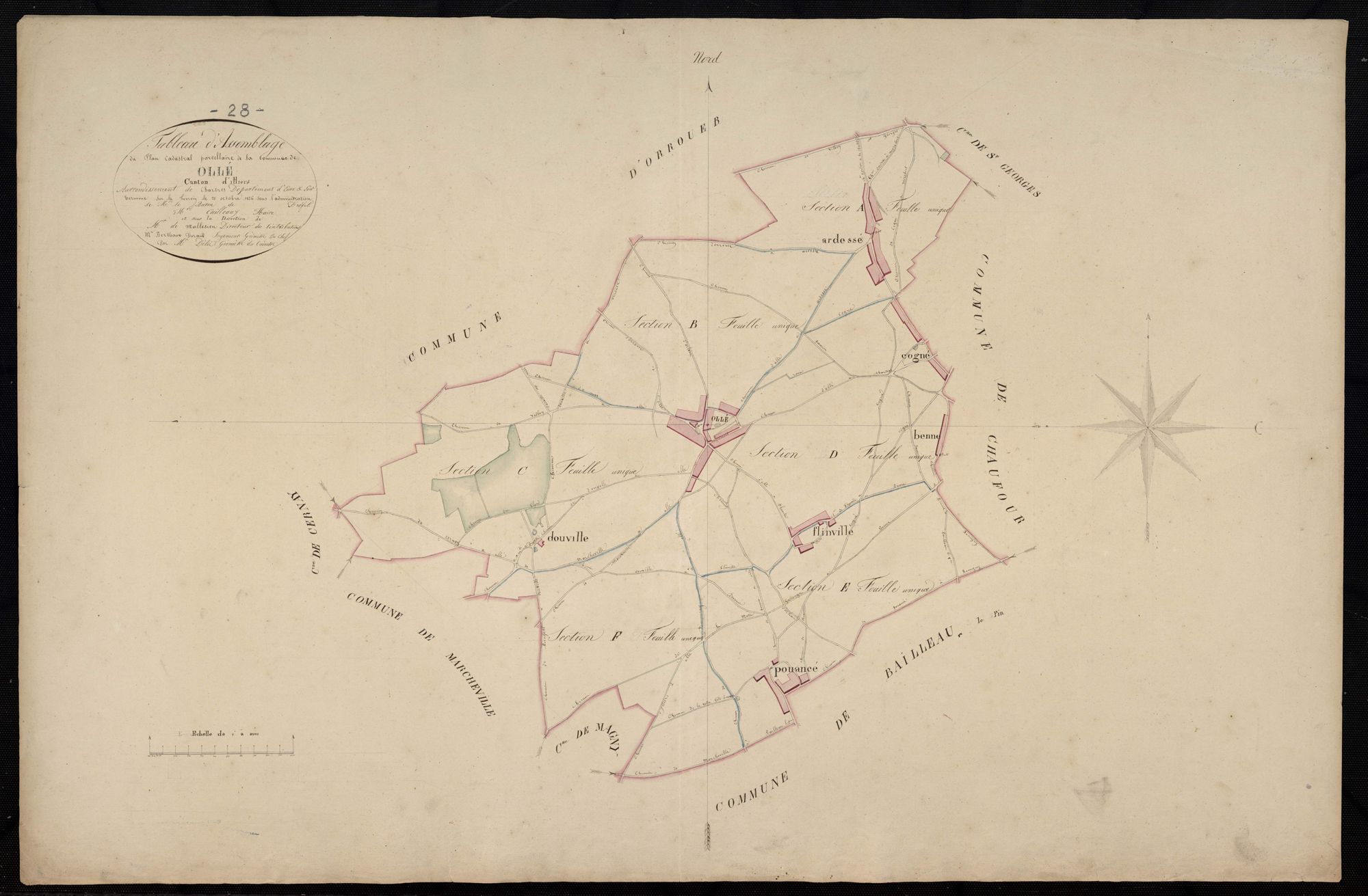 Tableau d'assemblage du plan cadastral parcellaire de la commune d'Ollé, Canton d'Illiers, Arrondissement de Chartres / Terminé sur le terrain en octobre 1826 (...) par Monsieur Délié, Géomètre du cadastre.