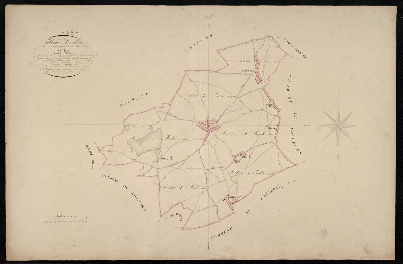 Tableau d'assemblage du plan cadastral parcellaire de la commune d'Ollé, Canton d'Illiers, Arrondissement de Chartres / Terminé sur le terrain en octobre 1826 (...) par Monsieur Délié, Géomètre du cadastre.
